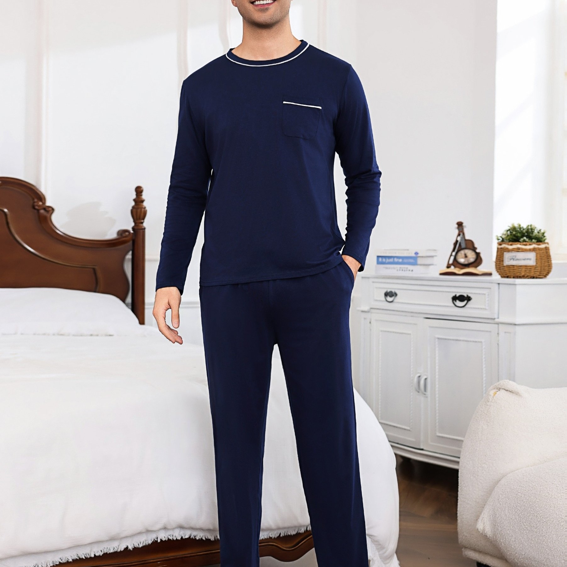Men's Pajama Set Long Sleeve Crew Neck Soft Sleepwear With Pockets Casual Loungewear