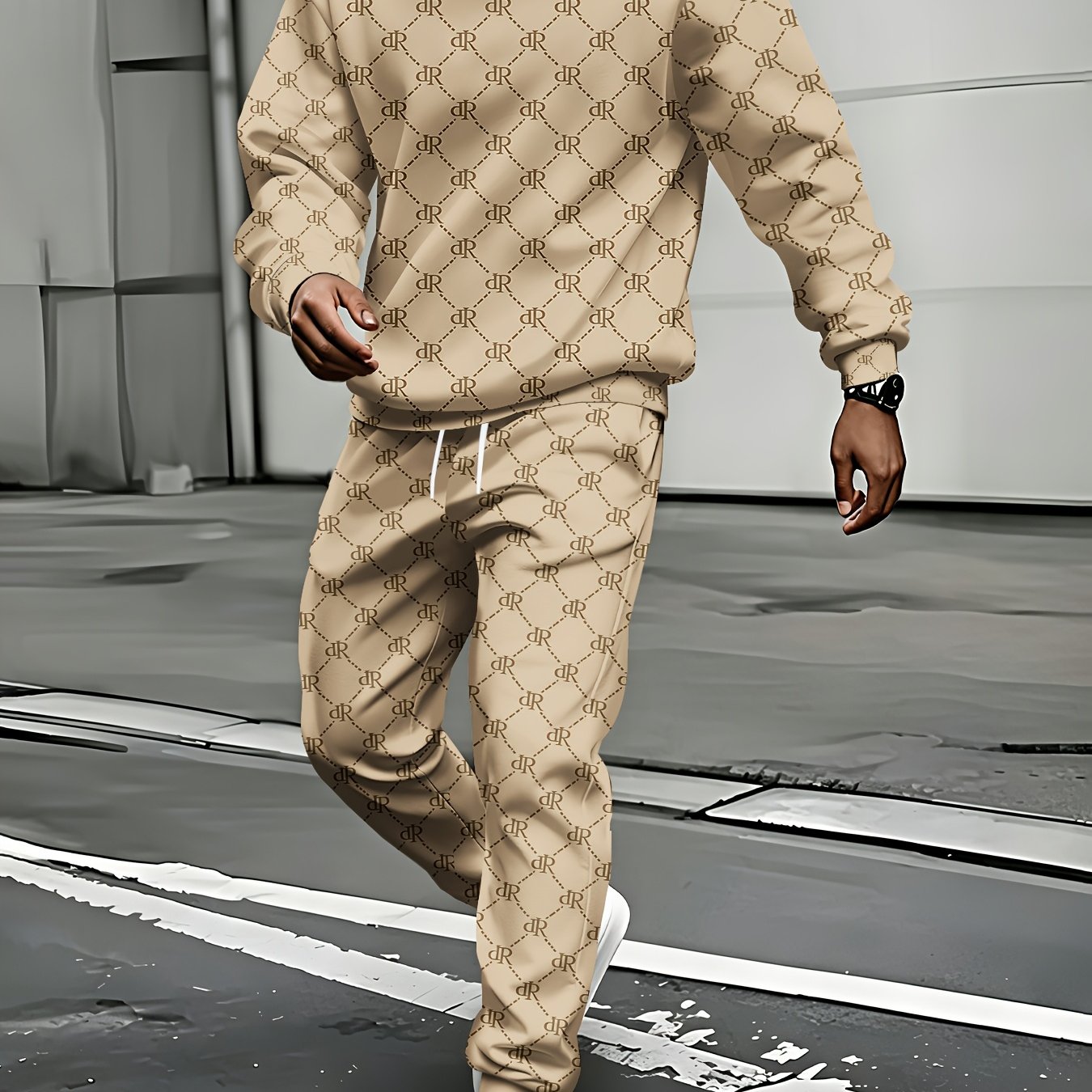 TEMU Men's Printed Trendy -piece Set Including Comfortable, Versatile, And Classic Hoodie And Sweatpants; Luxury Diamond Grid Letter Printed
