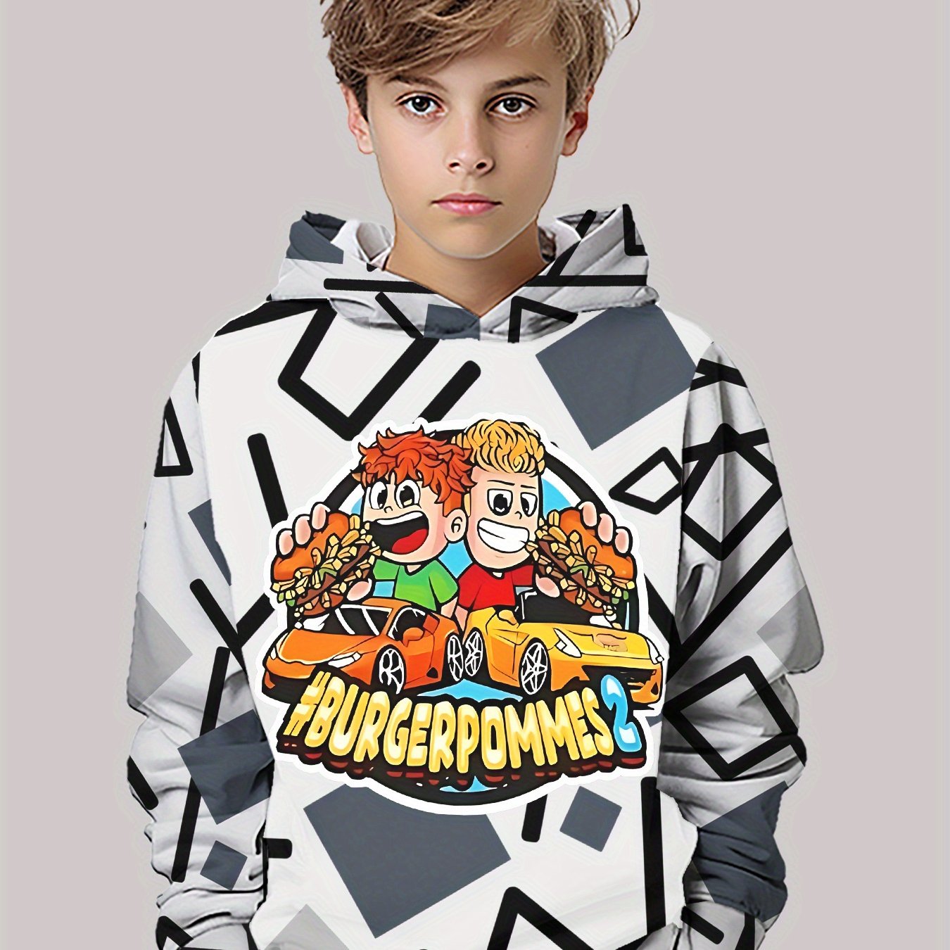 Image of 3d Digital Printed Food And Car Themed Pattern Sweatshirt, A Trendy Children's Clothing. A Casual Hoodie Suitable For Boys To Going Out. Made Of 100% Polyester, For Boys.