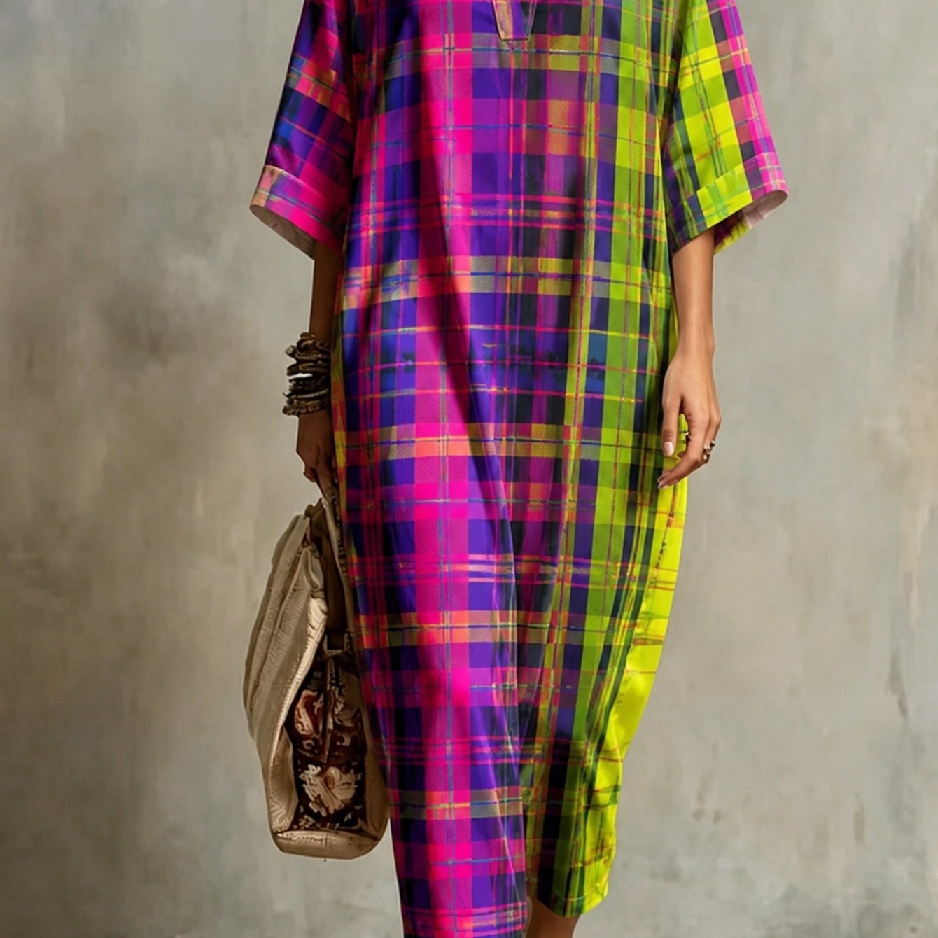 Plus Size - Color Block Purple Print Lapel -sleeve Loose Maxi Dress, -friendly Casual Vacation Long Dress Perfect Gift Pick