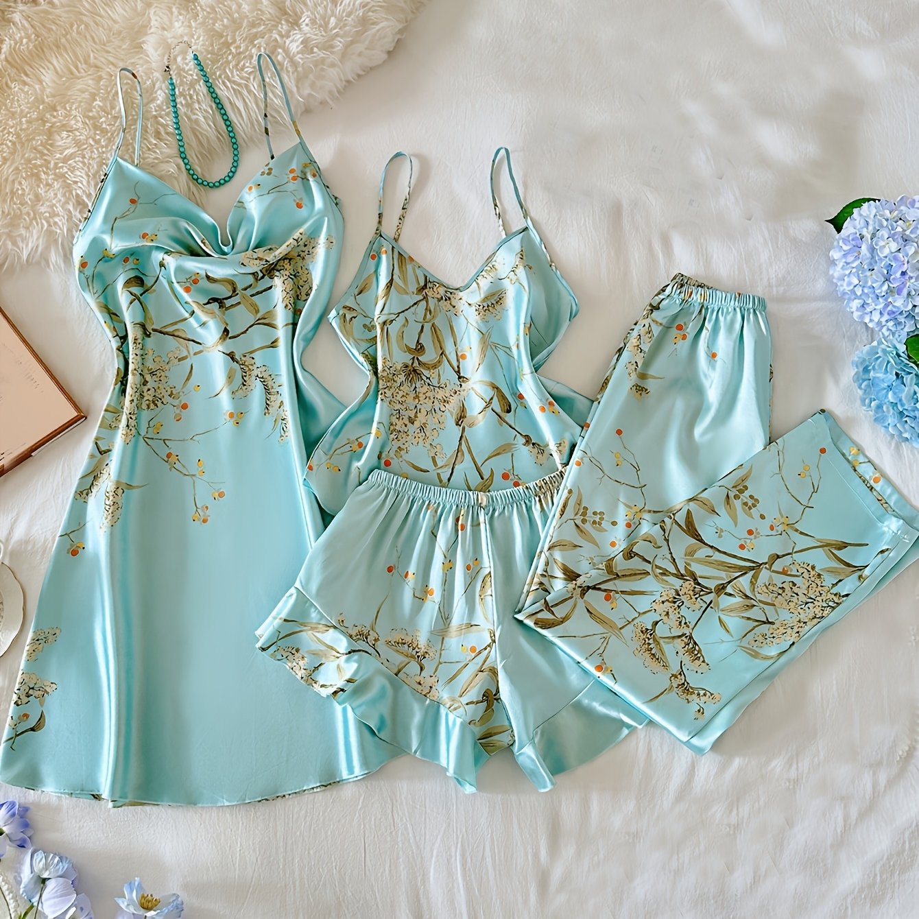 TEMU Cherry Print Comfortable And Elegant Ruched Camisole Dress And Camisole Shorts 4pcs Set, Comfortable Loungewear