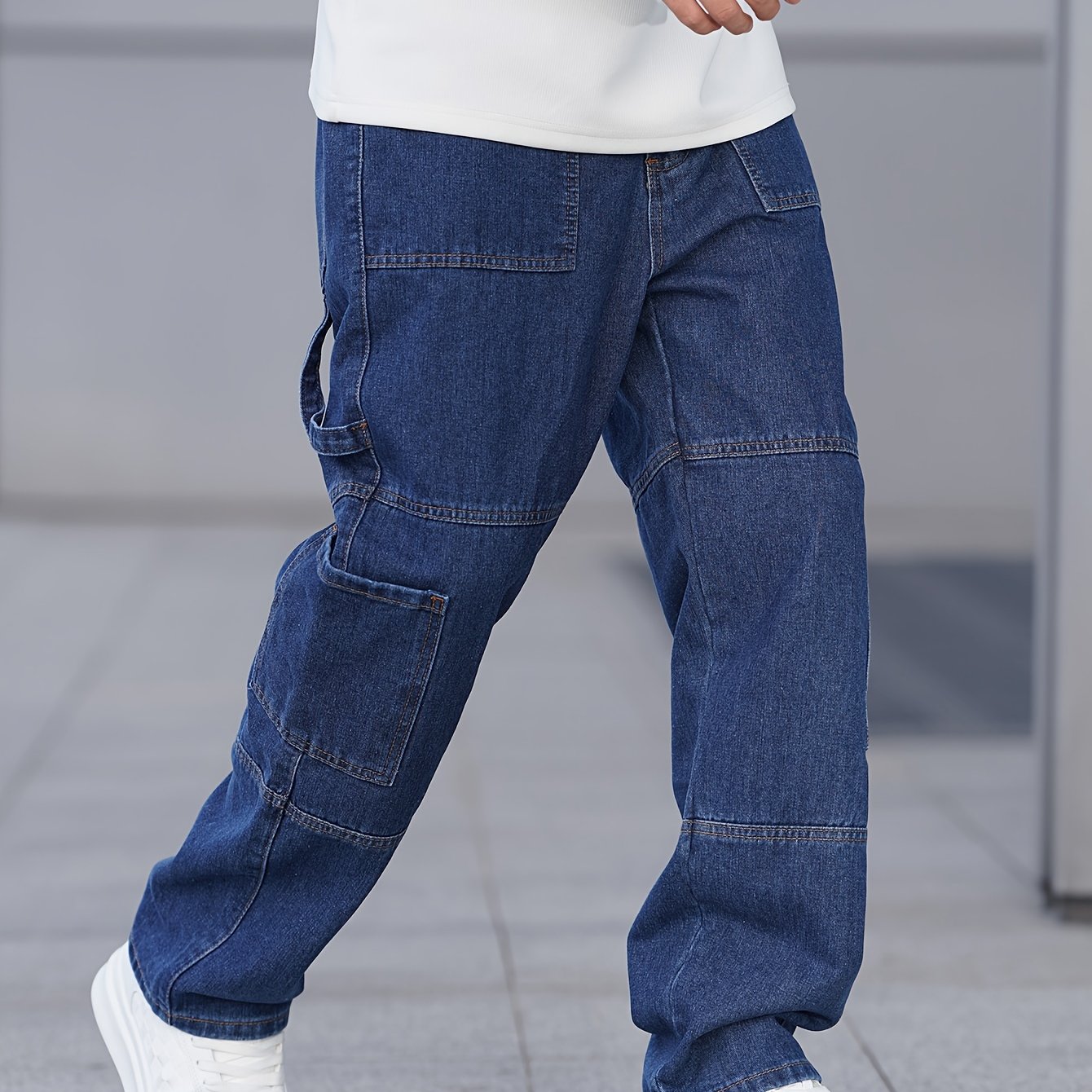 Men's Loose And Casual Workwear Blue Jeans With Multiple Pockets