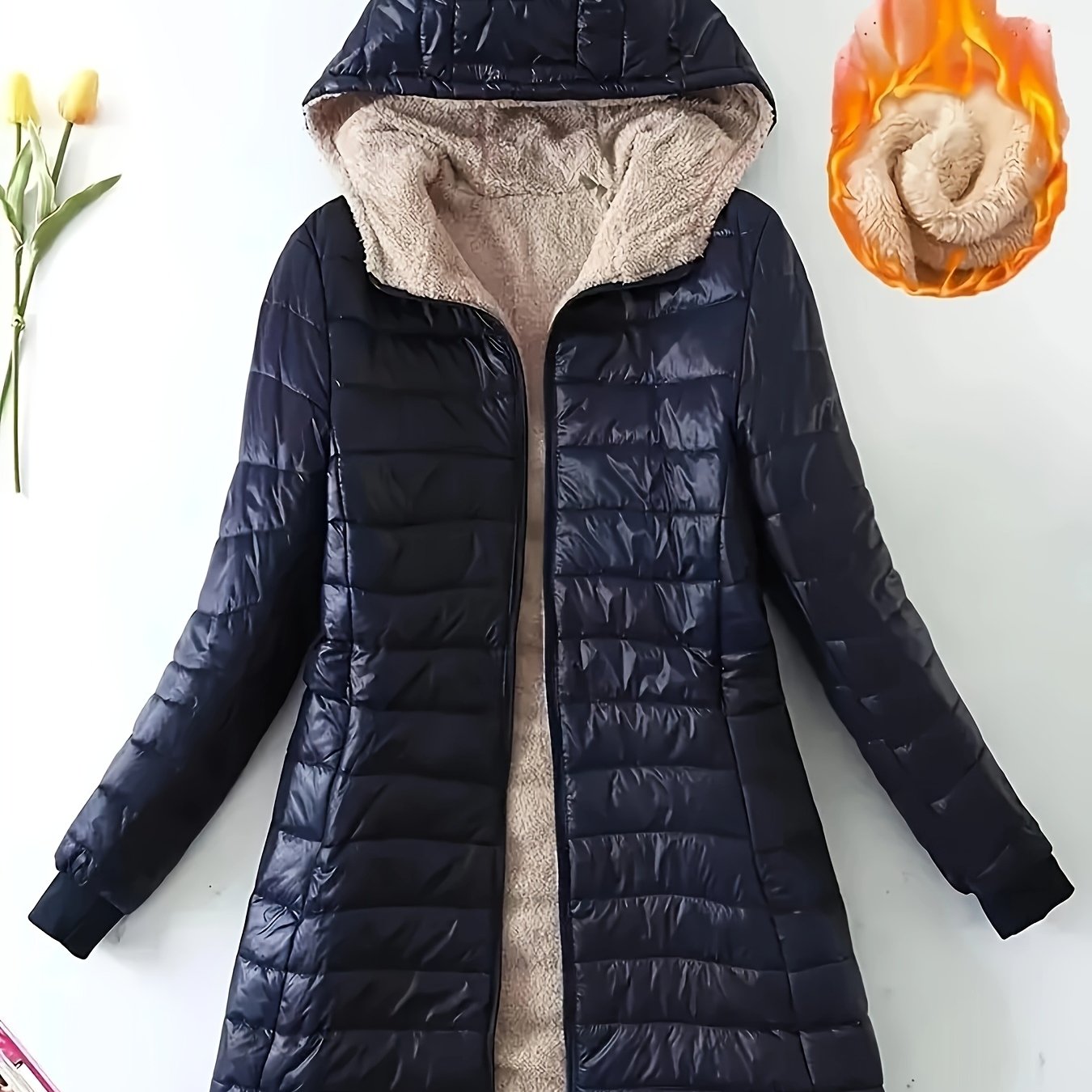 Siamese Cat Themed Autumn/winter New Arrival Mid-length Hooded Slim-fit Fleece-lined Padded Coat, Women's Lamb's Lined Warm Outerwear