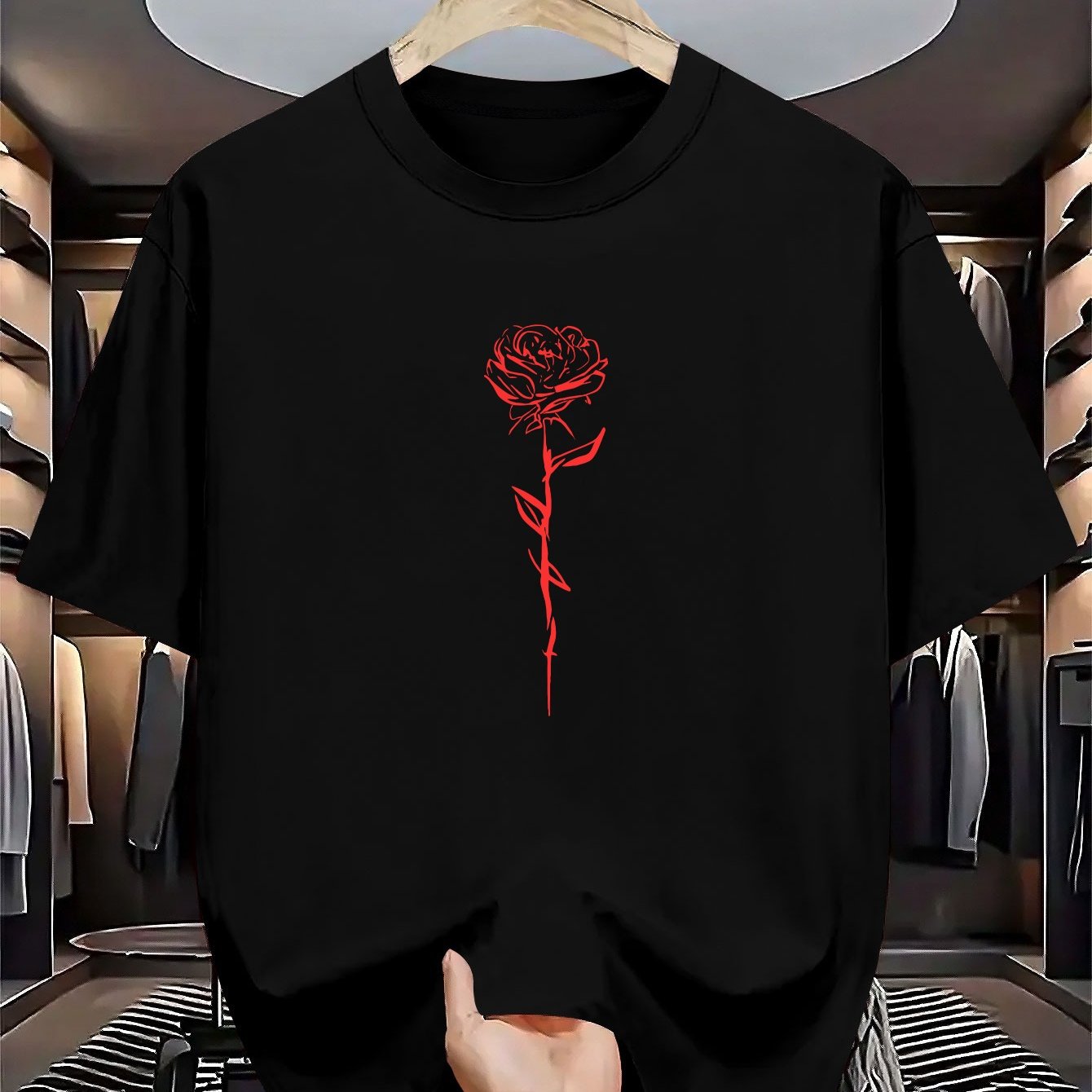 TEMU Men's Summer Short-sleeve Round Neck T-shirt - Casual & Sportswear Layering Base Shirt With Geometric Rose Print, Breathable For Hot Weather,