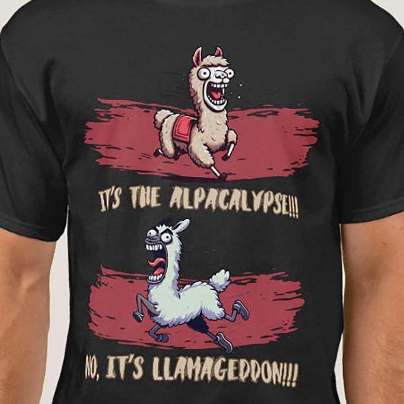 TEMU Funny Alpaca T-shirt For Men - " The Alpaca-calypt! No, The Llama-pocalypse!!" Graphic Tee - Soft Black Cotton Shirt With Running - Casual