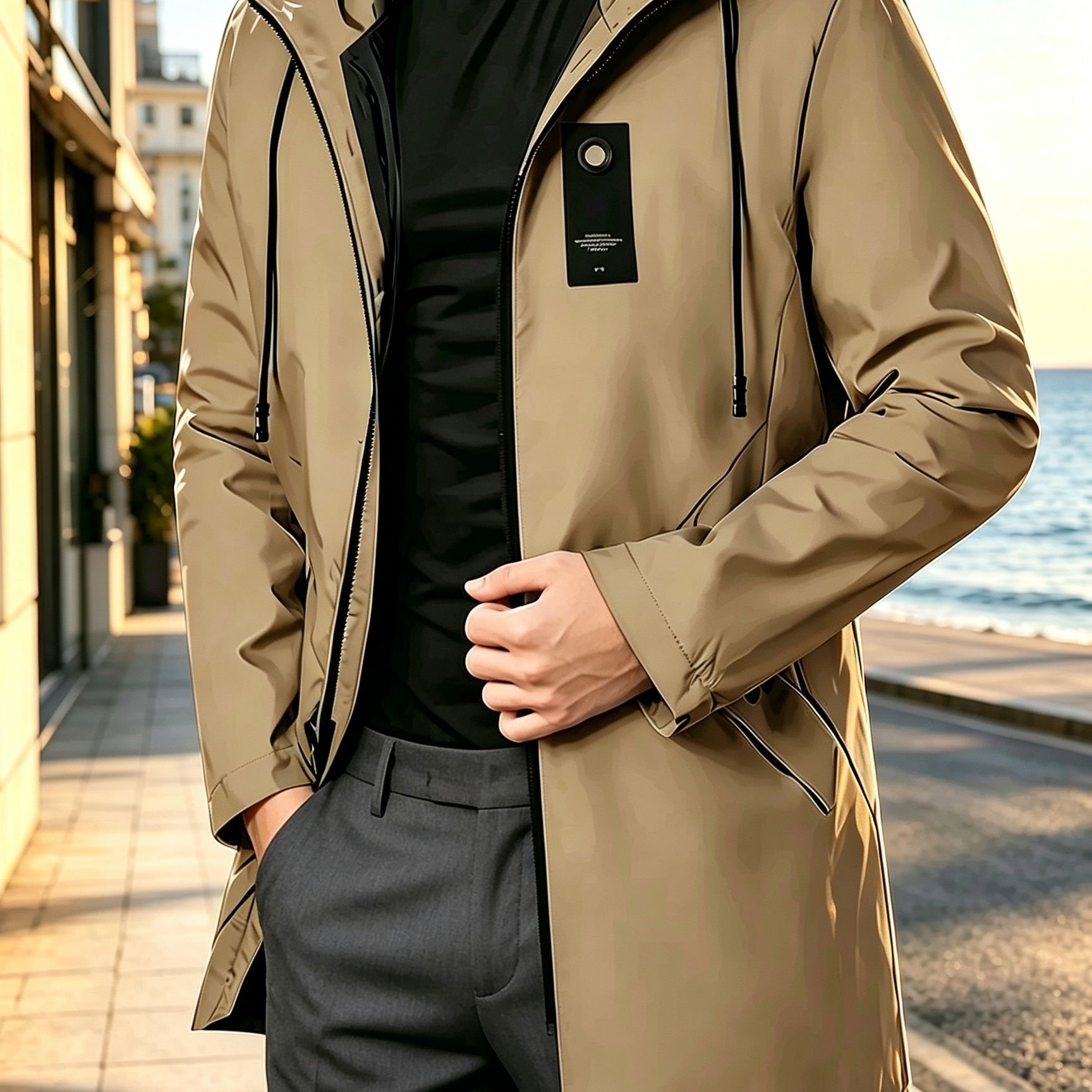 TEMU Men's Fashion Mid-length Hooded Casual Jacket - Adjustable Drawstring Design With Zipper Closure, Lightweight Outdoor Trench Coat, Suitable For