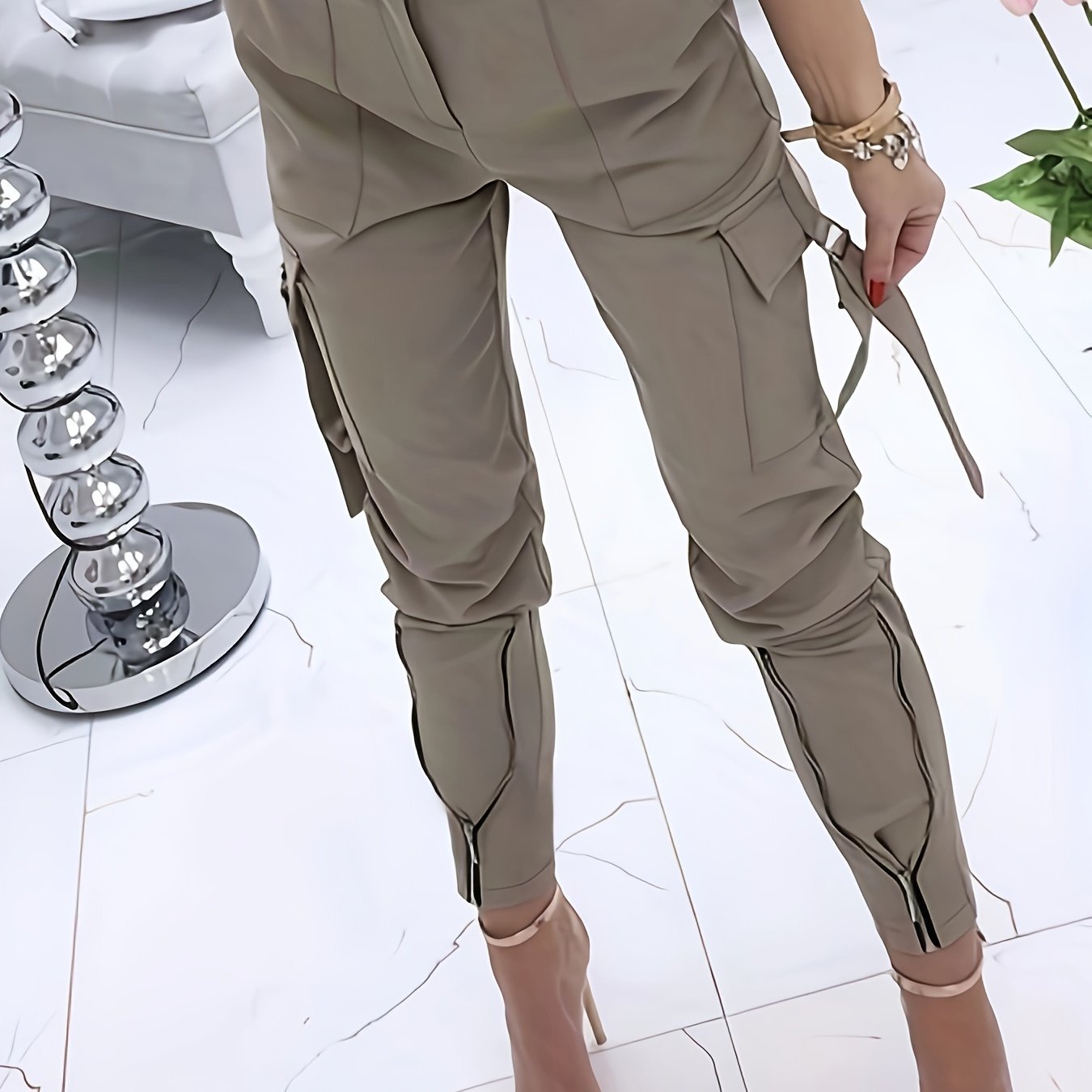 Fashion Solid Color No- Button Zipper Cargo Ankle Casual Women's Long Pants
