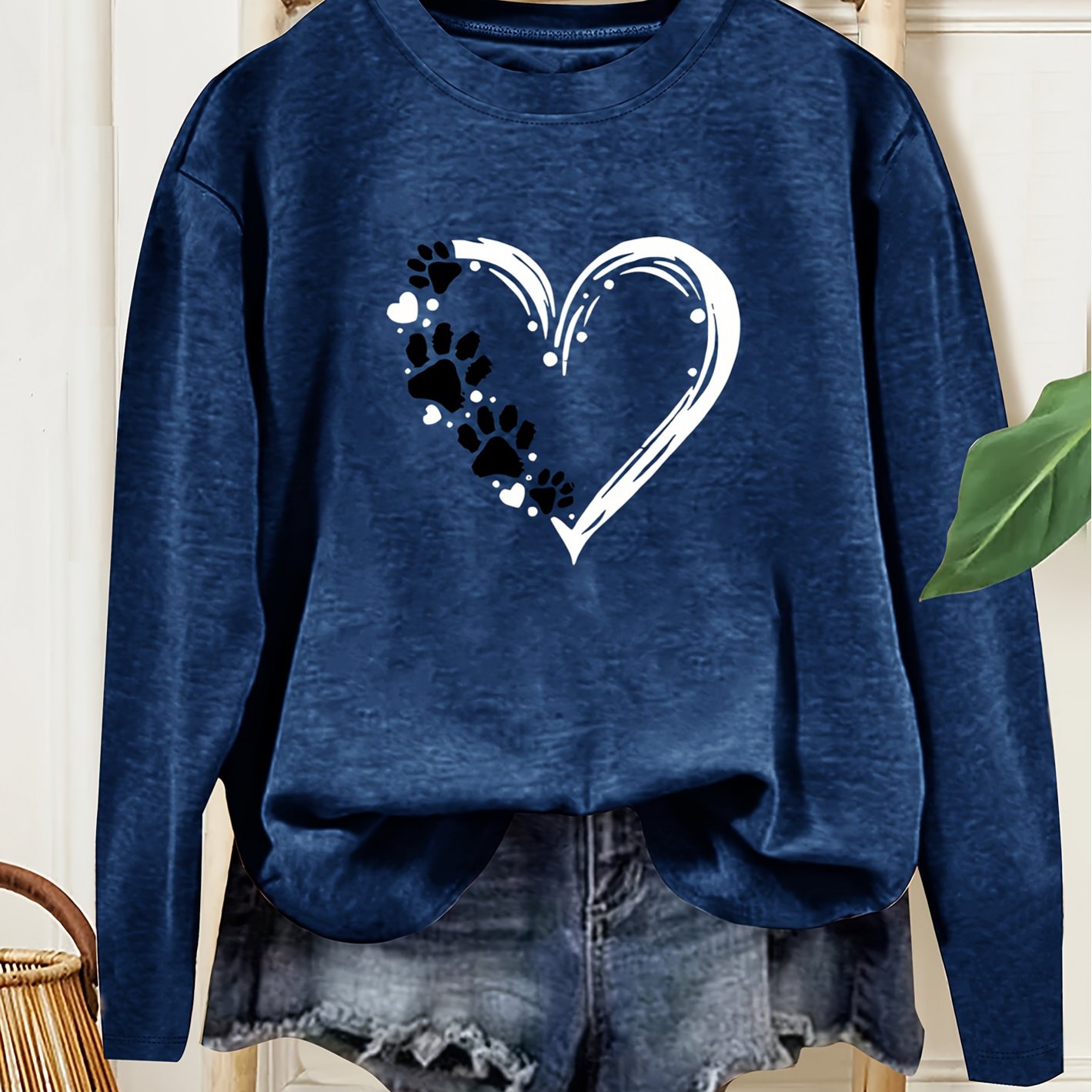 Plus Size - Plus Size - Women's Casual Long Sleeve Round Neck Top- Heart And Paw Print Design, Vibrant Purple, Medium , Machine Washable