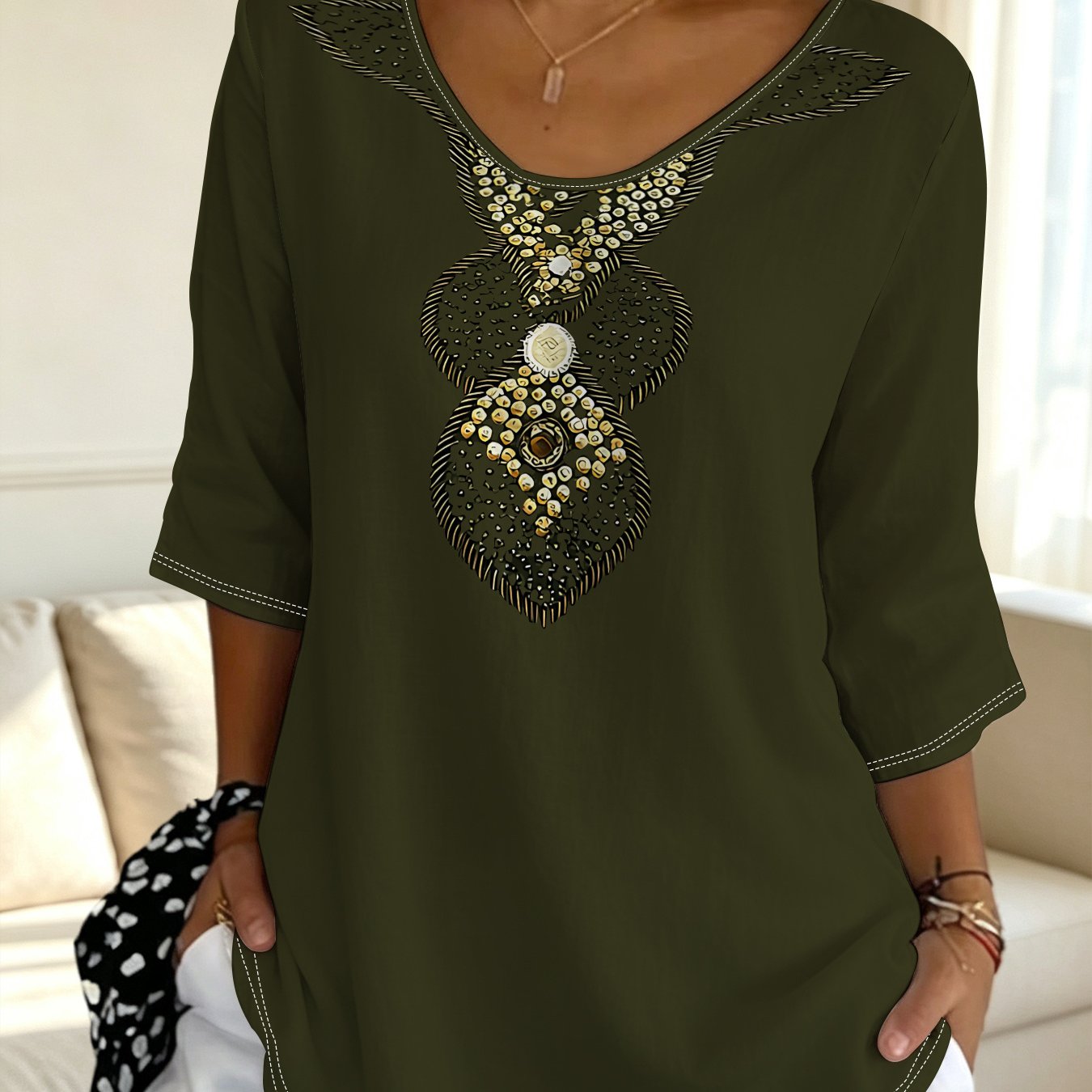 TEMU Plus Size, Women's Golden Gemstone Embellished Printed Top, V-neck Three-quarter Sleeve Casual Loose Fit T-shirt, Bohemian Light , Comfortable