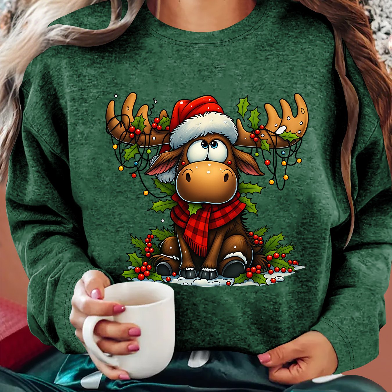TEMU [christmas Holiday Clothing] Women's New Christmas Red Scarf Reindeer String Lights Holly Printed Round Neck Loose Long Sleeve T-shirt, Autumn