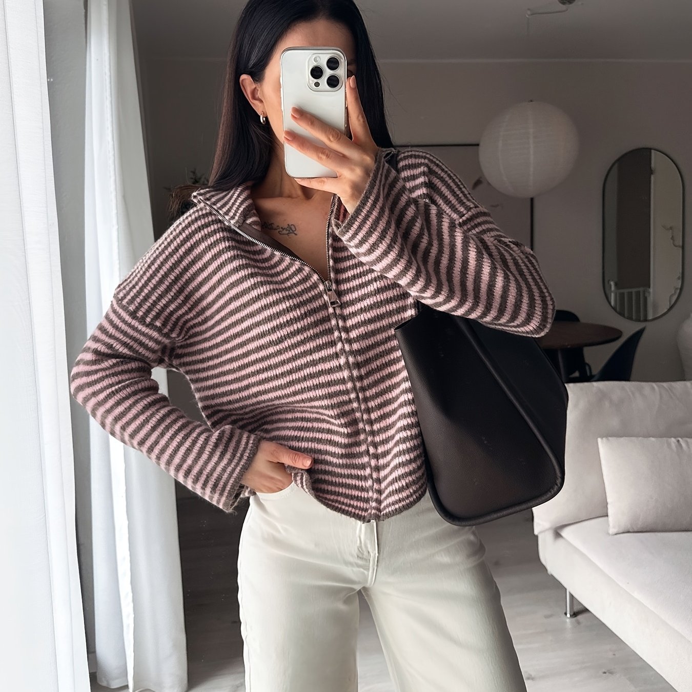 TEMU Versatile High-neck Striped Zipper Sweater Cardigan Women's