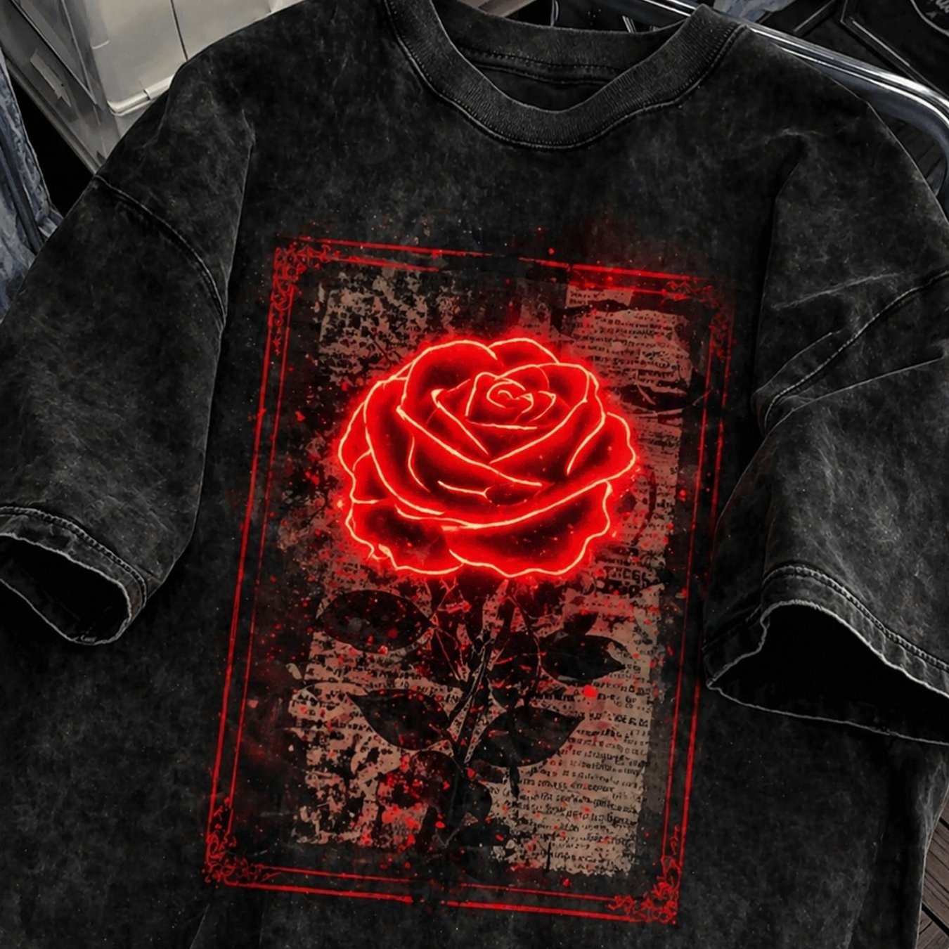 Men's Unisex Graphic Tee With Neon Roses Short Sleeve Round Neck T Shirt Loose Fit Local Warehouse 100% Cotton 180g