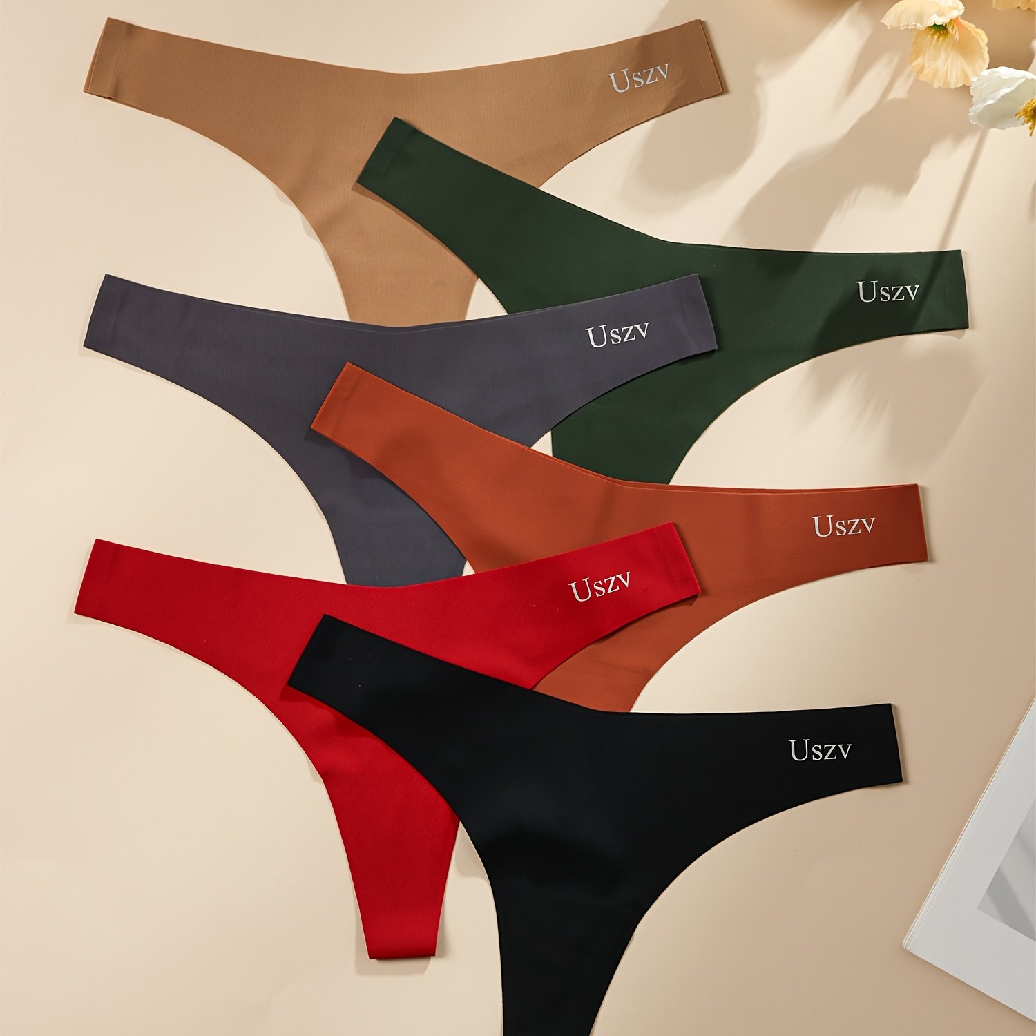 TEMU 6pcs Uszv Women's Low-rise Seamless Thong Underwear - Solid Color -string Panties, No-show Briefs Suitable For Low-waisted, Non- For Daily Wear,