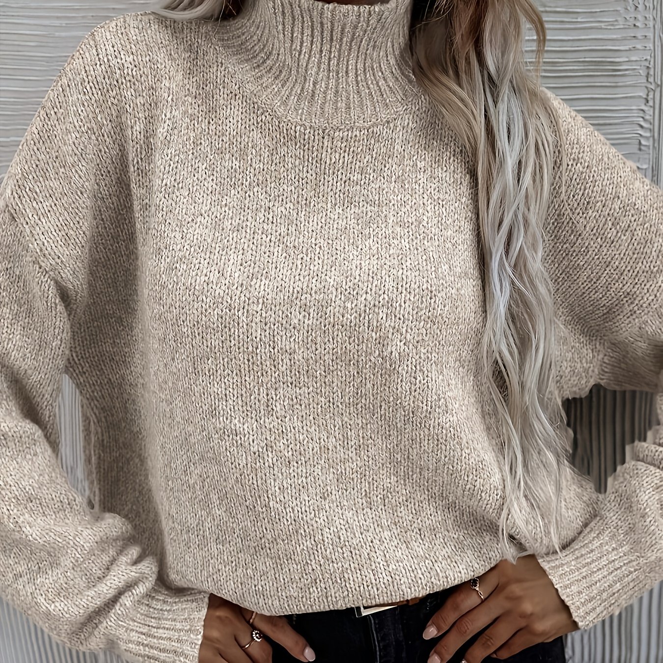 TEMU Women' Korean-style Oversized High-neck Sweater - Soft Warm Sweater Suitable For Fall Winter Layering, Loose-fit Tunic Top With Medium Stretch,
