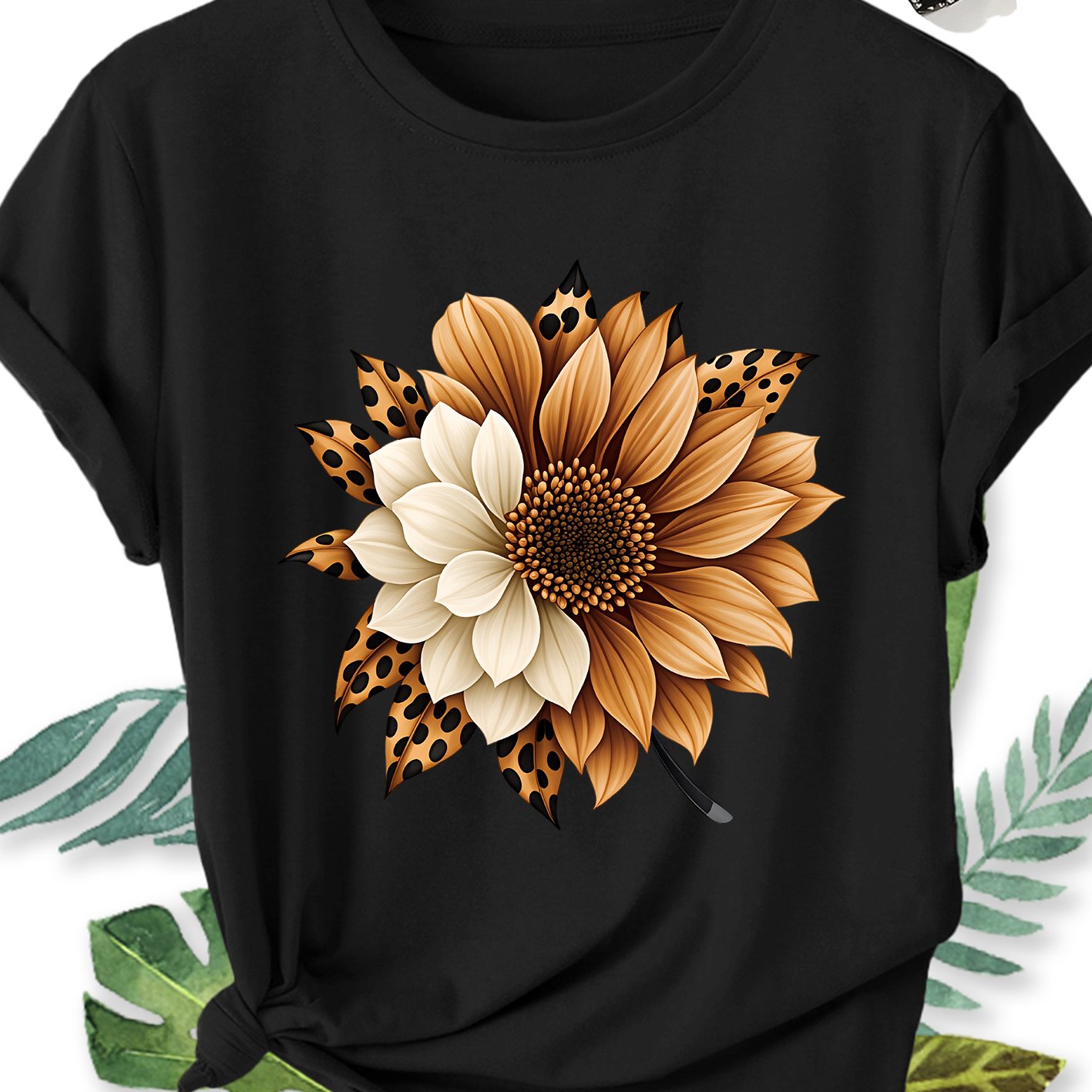 TEMU Women's Elegant Style Plus Size Short Sleeve, Sunflower And Leopard Print Floral Pattern Round Neck Comfortable Soft Breathable Summer Short