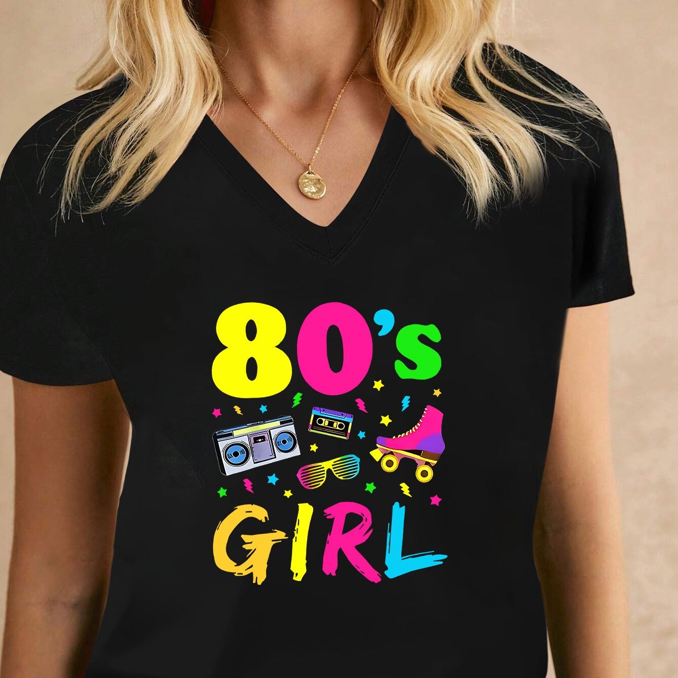 TEMU Women's '80s ' Graphic V-neck T-shirt - Soft & Comfortable Short Sleeve Casual Top With Retro Design, Perfect For Summer & Spring, Casual Attire