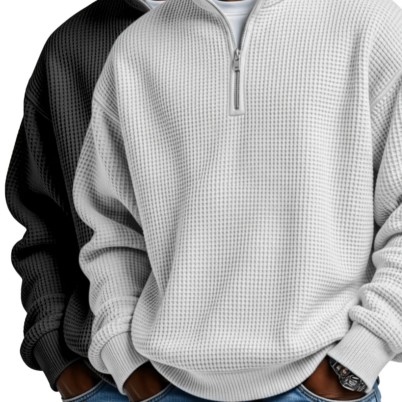 Image of 2pcs Men's Waffle Quarter-zip Pullover, Casual Long Sleeve Stand Collar Loose Sweatshirt For Daily Wear, 2026 Fall/winter 's Zip-up Hoodie, Long-sleeve Casual Sweatshirt