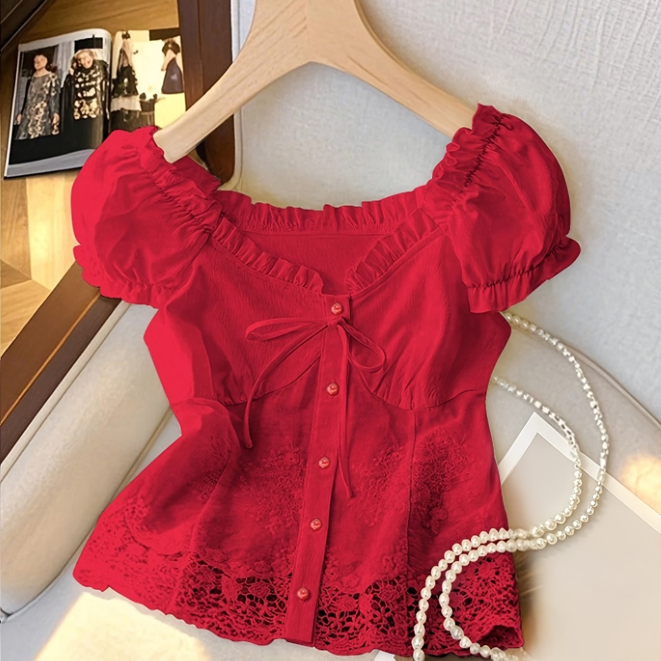 TEMU [development Zd260112019] Women's Casual Slim-fit Lace Single-breasted Front Decorative Off-shoulder Ruffle Short-sleeve Shirt