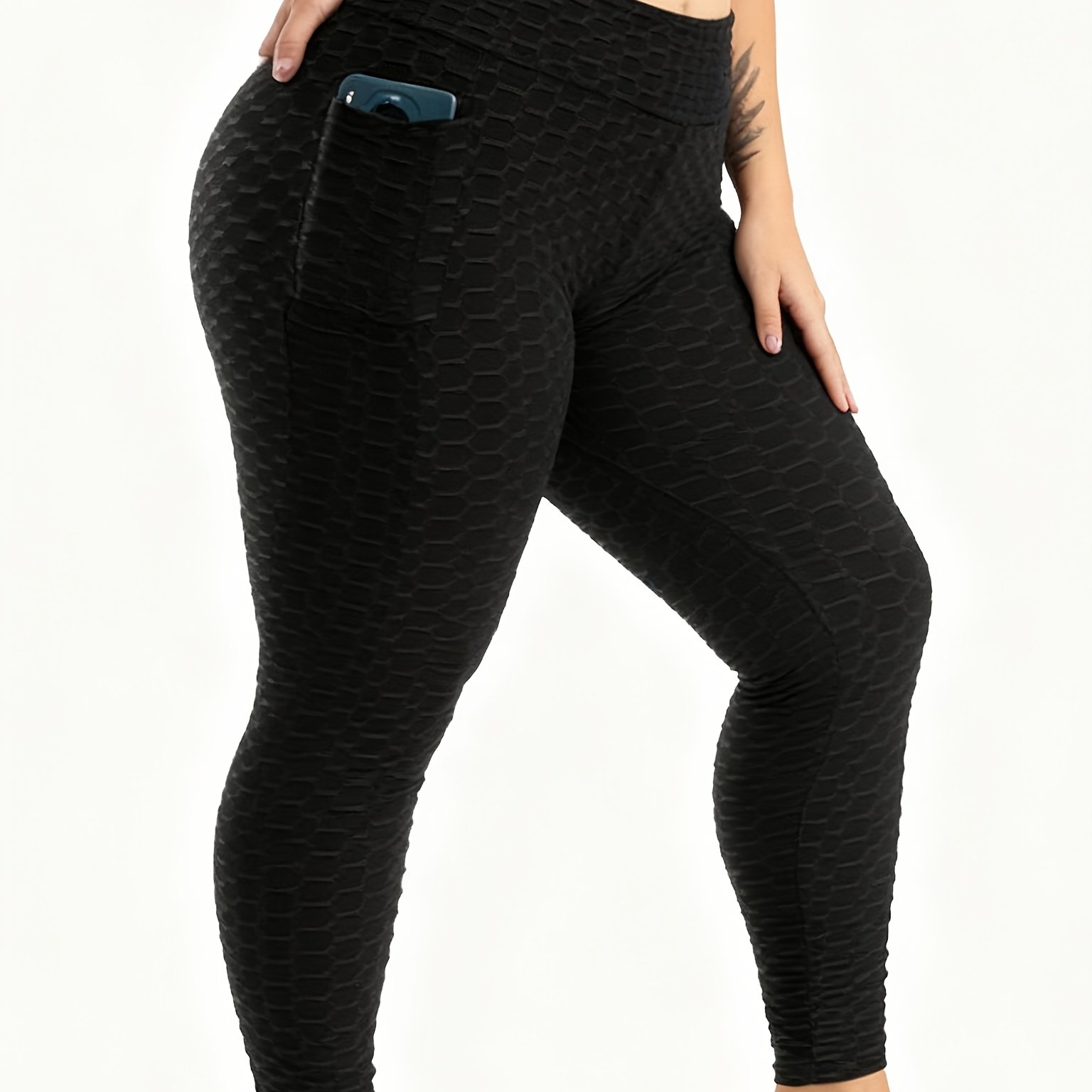 Plus Size Bubble Pocket Women's Yoga Leggings, High Elasticity Lifting Running Sports Tights, Ladies Activewear