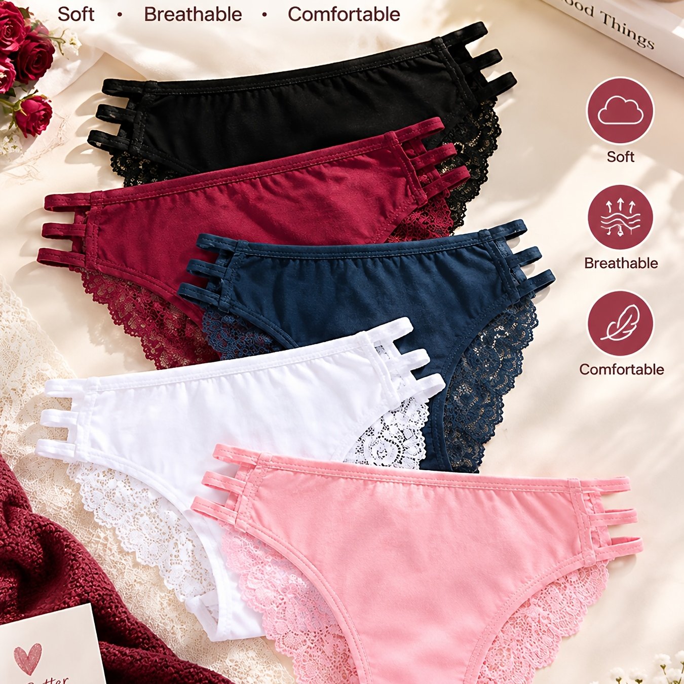 Image of 5pcs Set Women's Soft Elegant Lace Semi-transparent Low-waist Briefs