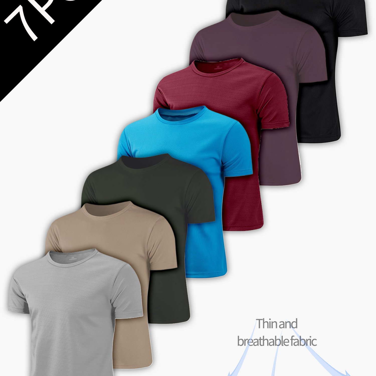 7pcs Men's Breathable Polyester Crew Neck T-shirts- Lightweight, Moisture-wicking Short-sleeved Tops, In Multiple Colors, Suitable For Casual And Outdoor Activities.