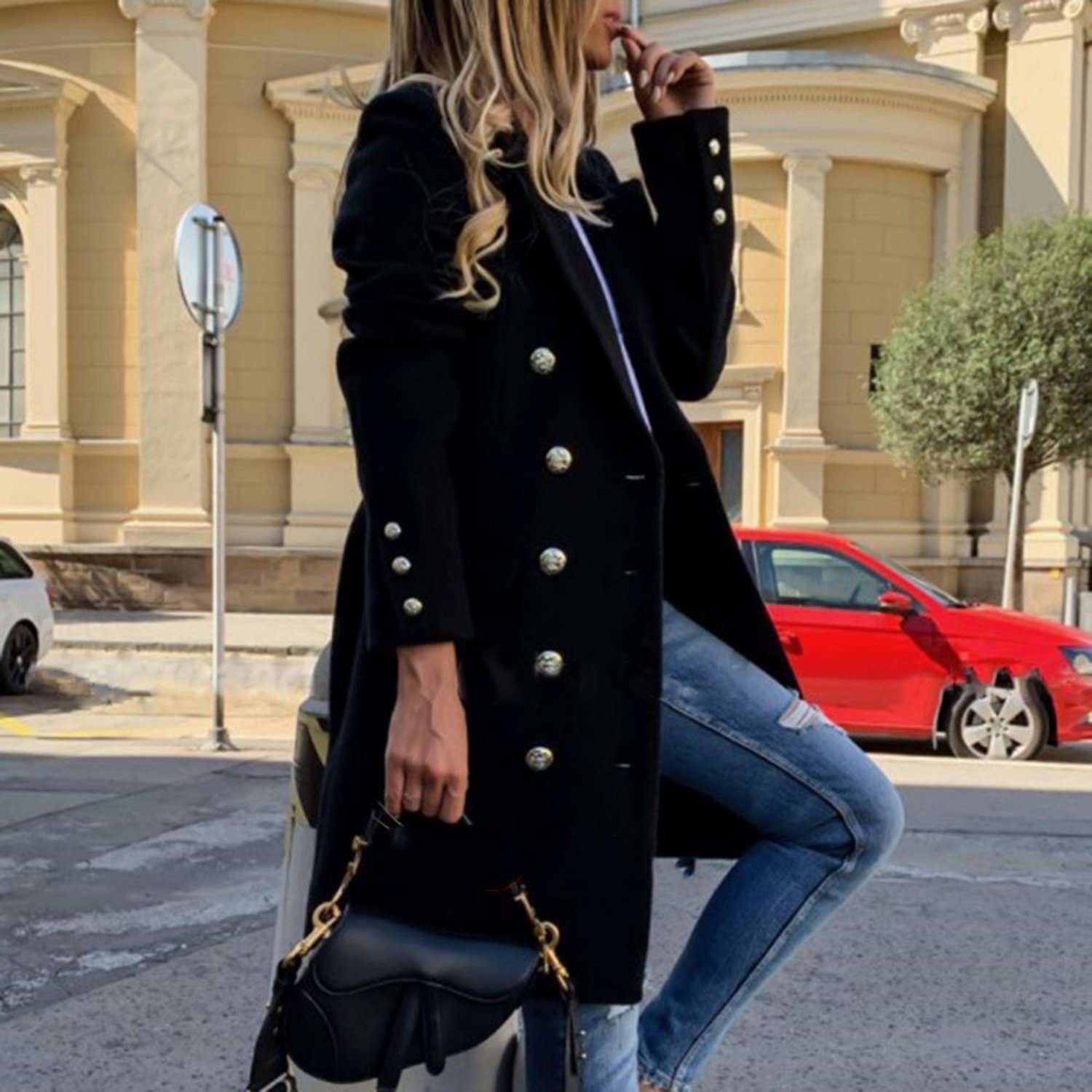 TEMU Manteau en laine à double boutonnage et col chemise, version facile et slim, idéal pour avec jeans et jupes courtes, ambiance automne-hiver,