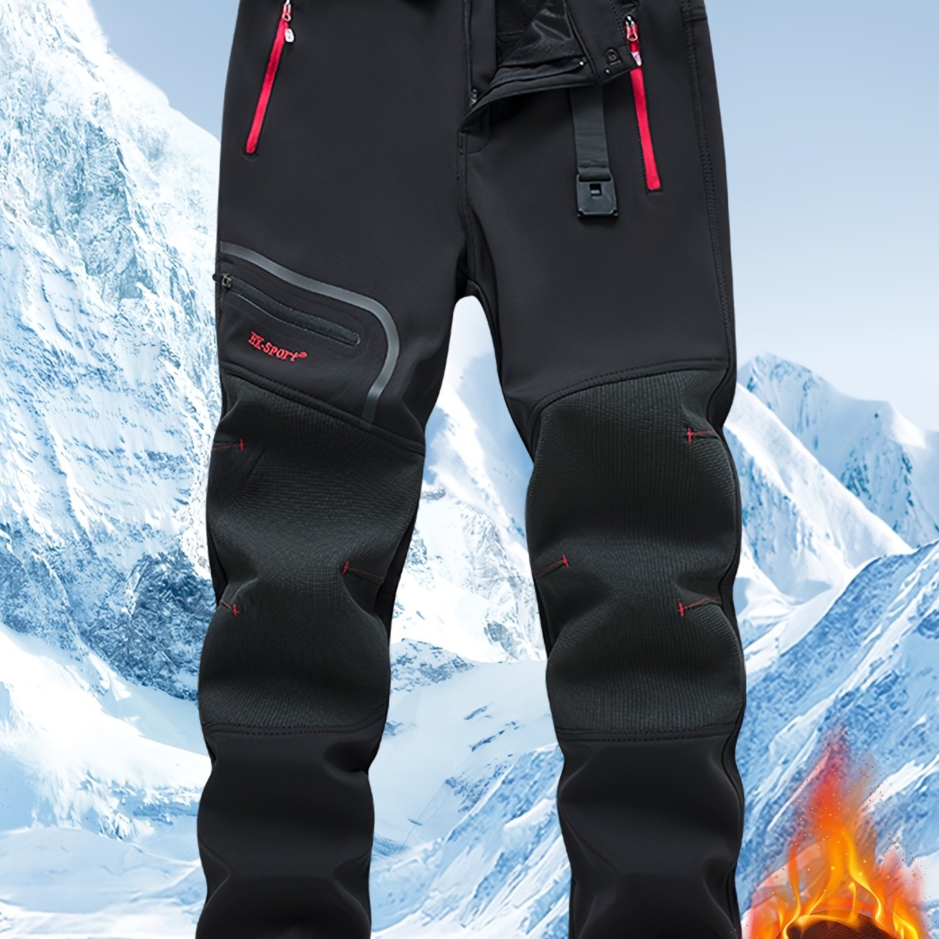 TEMU Men's Warm Windproof Cargo Pants With Belt & Zippered Pockets - Olive Green, Black & Yellow Accents, Perfect For Winter Outdoor Activities &