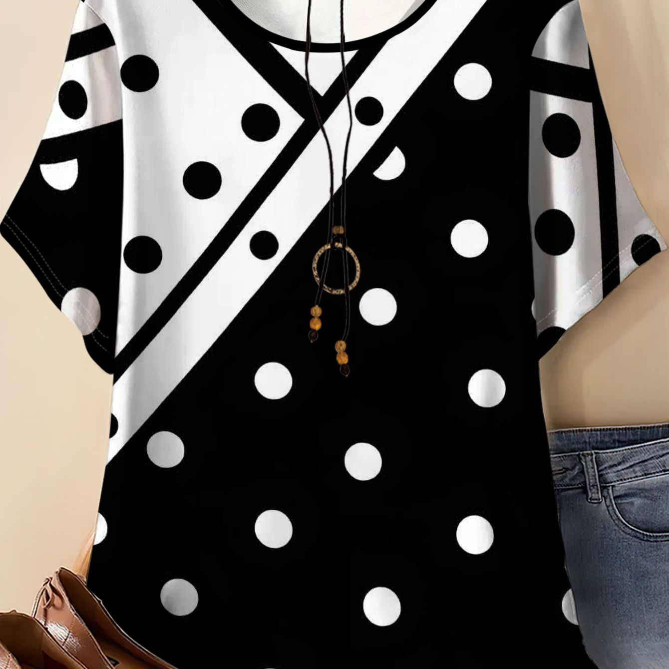 TEMU Women's Plus Size Black And White Polka Dot V-neck Short-sleeved T-shirt Women's Summer New Loose Top Fashionable And Versatile Trendy Style