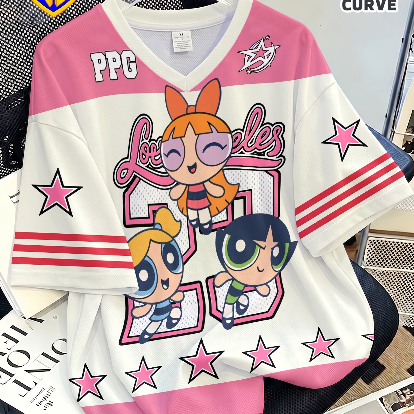 TEMU Plus Size, Powerpuff. Striped Plus Size Unisex V-neck Short Sleeve T-shirt, , , Summer Street Wear, Trend, Summer Street Style, Halloween Gift,