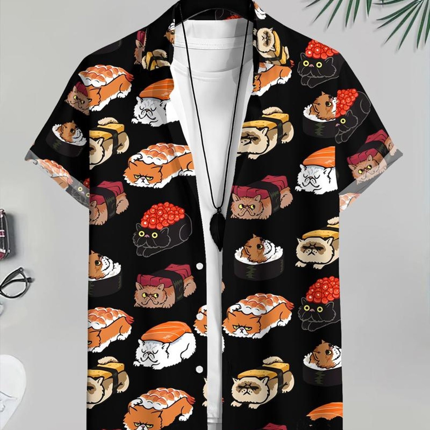 TEMU Men's Casual Short-sleeve Shirt, Printed With A Cat And Sushi Pattern, Made Of Polyester, In Sizes, Stylish And Versatile, Suitable For Daily