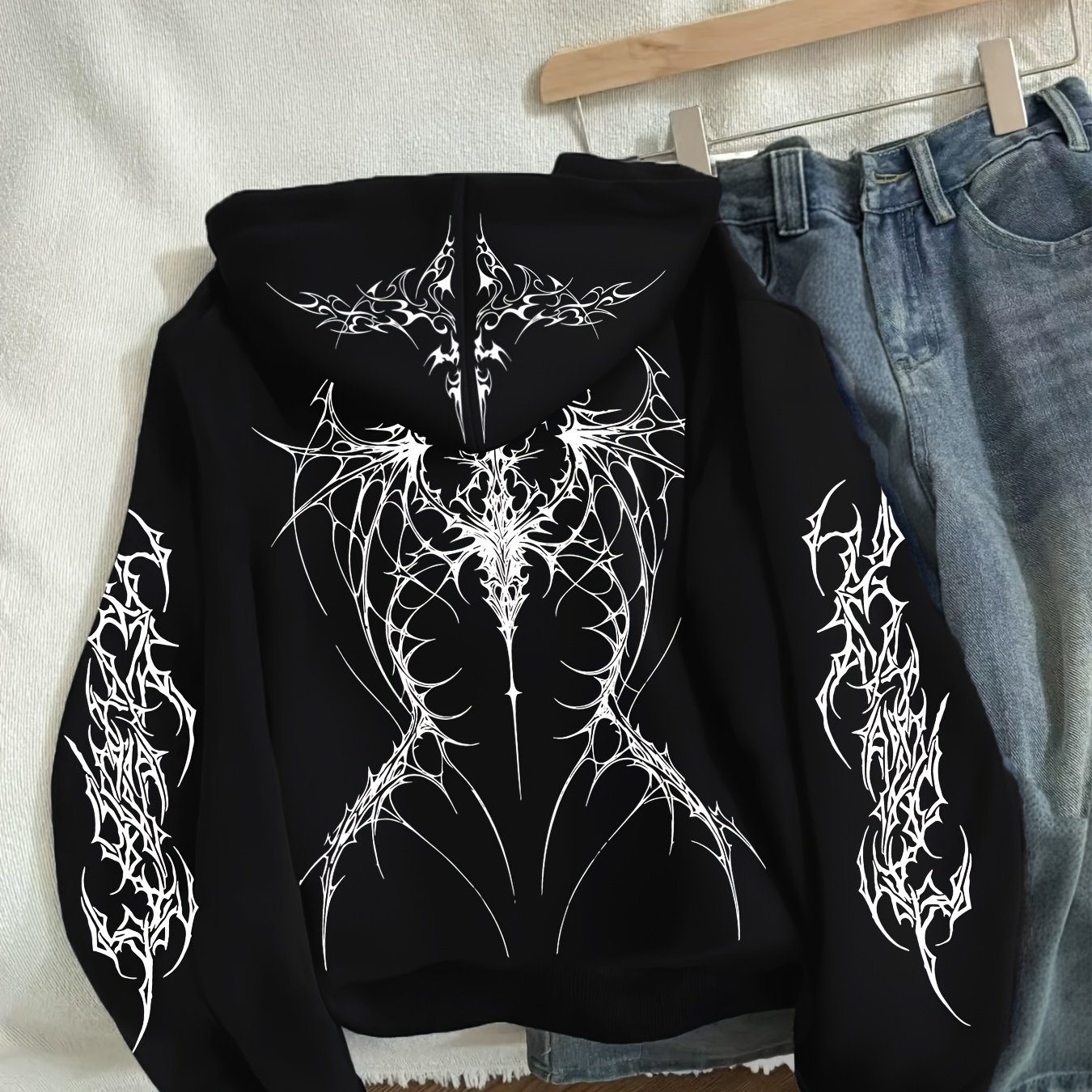 TEMU Winter Y2k Print Trend New Thick Heavy Plus Velvet Black Hooded Zipper Jacket Black Cardigan Casual Lazy Commuter Style Y2k Style Gothic Style.