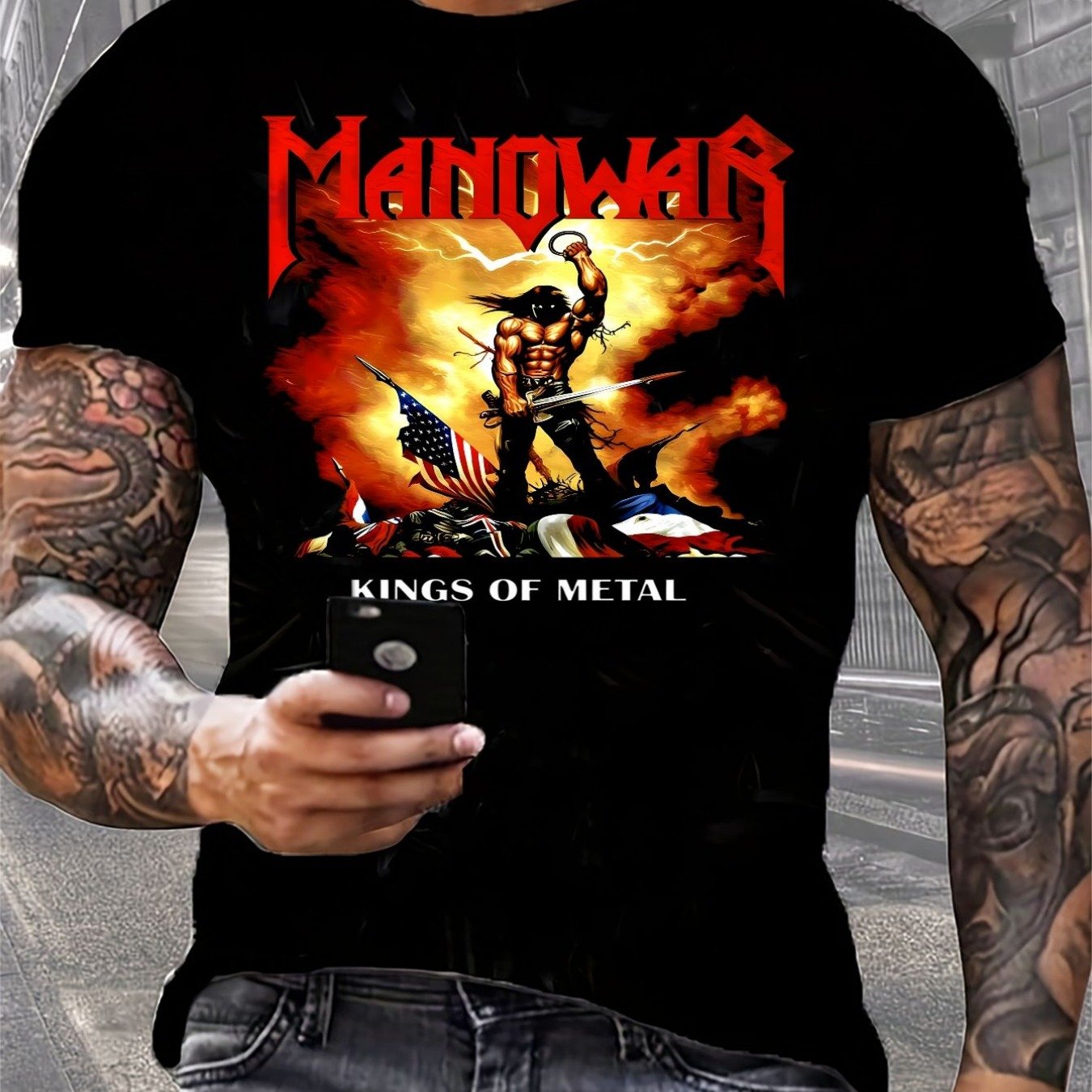 's Of Heavy Metal Vintage Graphic T-shirt - 200g Heavyweight Regular Fit Black Tee Featuring A And Flames Design, Medium Elastic Fabric For , Perfect For Men And Music Enthusiasts