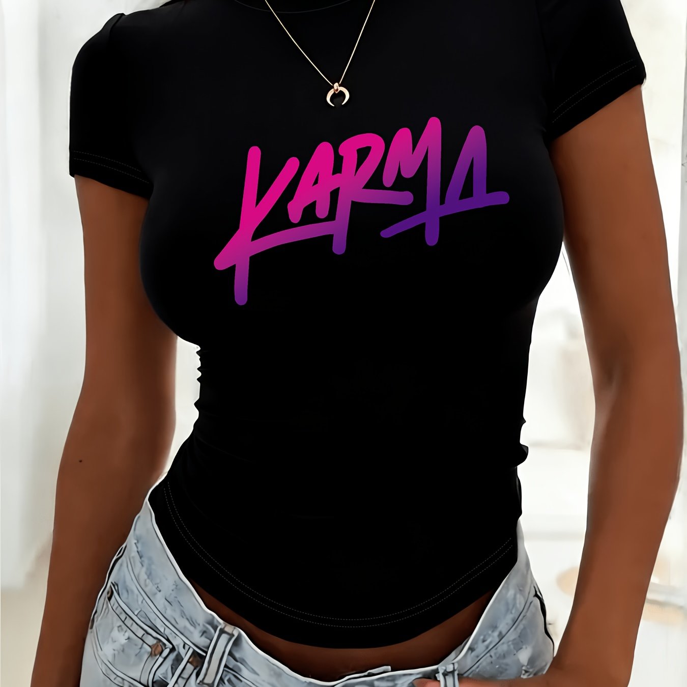 TEMU Letter Karma Pattern 2d Printed T-shirt Slim Fit Short-sleeved T-shirt, Seasonal Fashion, Comfortable Cut, Suitable For , Classic Versatile