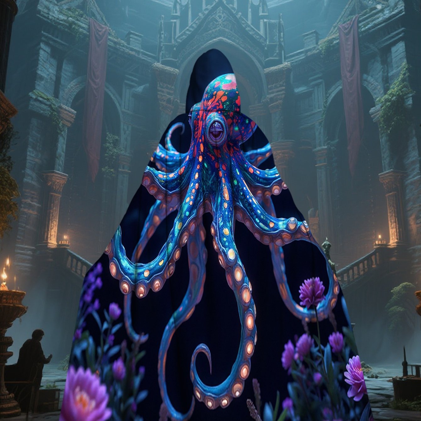 TEMU 1pc Lianyaoshi 2d Flat Printing Lightweight Fashion Cloak Mythical Octopus Sea 100% Polyester Halloween Performance Perfect For Role-play, 2d