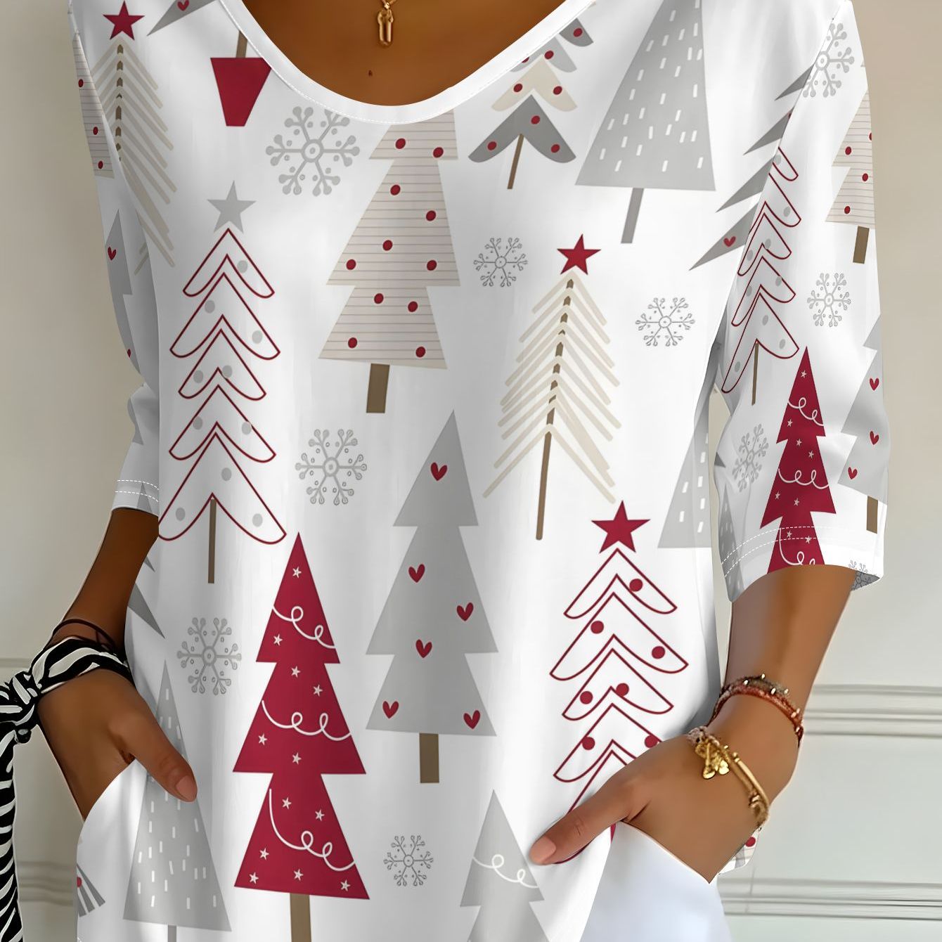 TEMU Women's Nordic Red Gray Christmas Print V-neck Three-quarter Sleeve T-shirt, Spring Autumn Casual Top