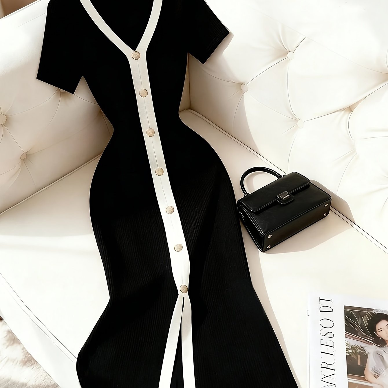 TEMU 여성 프렌치 컬러 블록 칼라 트림 세로 버튼 앞면 슬릿 헴 캐주얼/워크웨어 블랙 앤 여성 버튼 드레스 슬림핏 스위터일 여성 프렌치 드레스