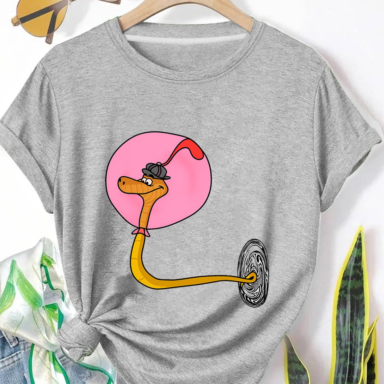 TEMU Women's Short-sleeve T-shirt Featuring A Cartoon Snake , With A Round Neck And A Stylish Printed Look