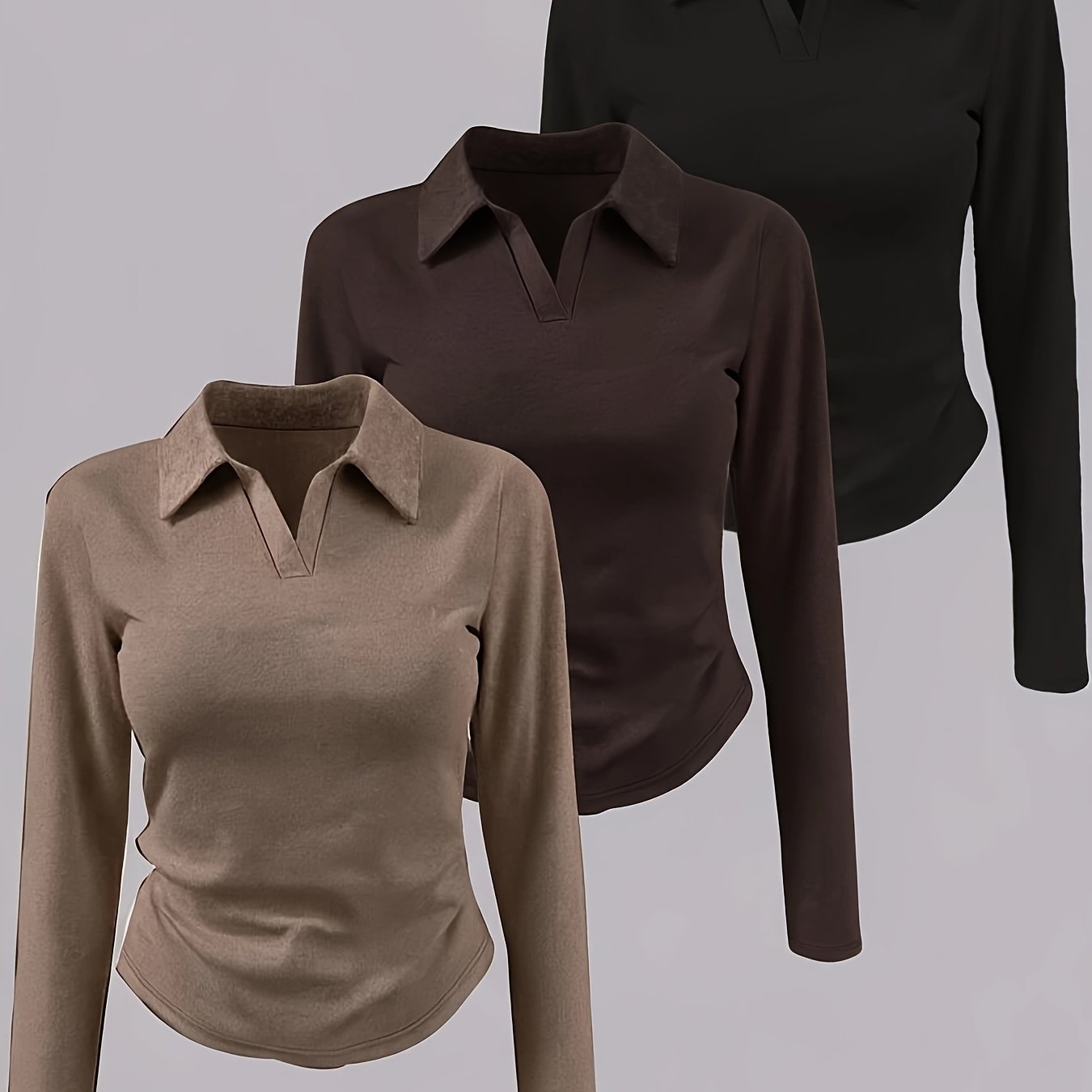 TEMU Women's Collar Slim Fit Long Sleeve T-shirt 3pcs Set, With Waist-cinching Design