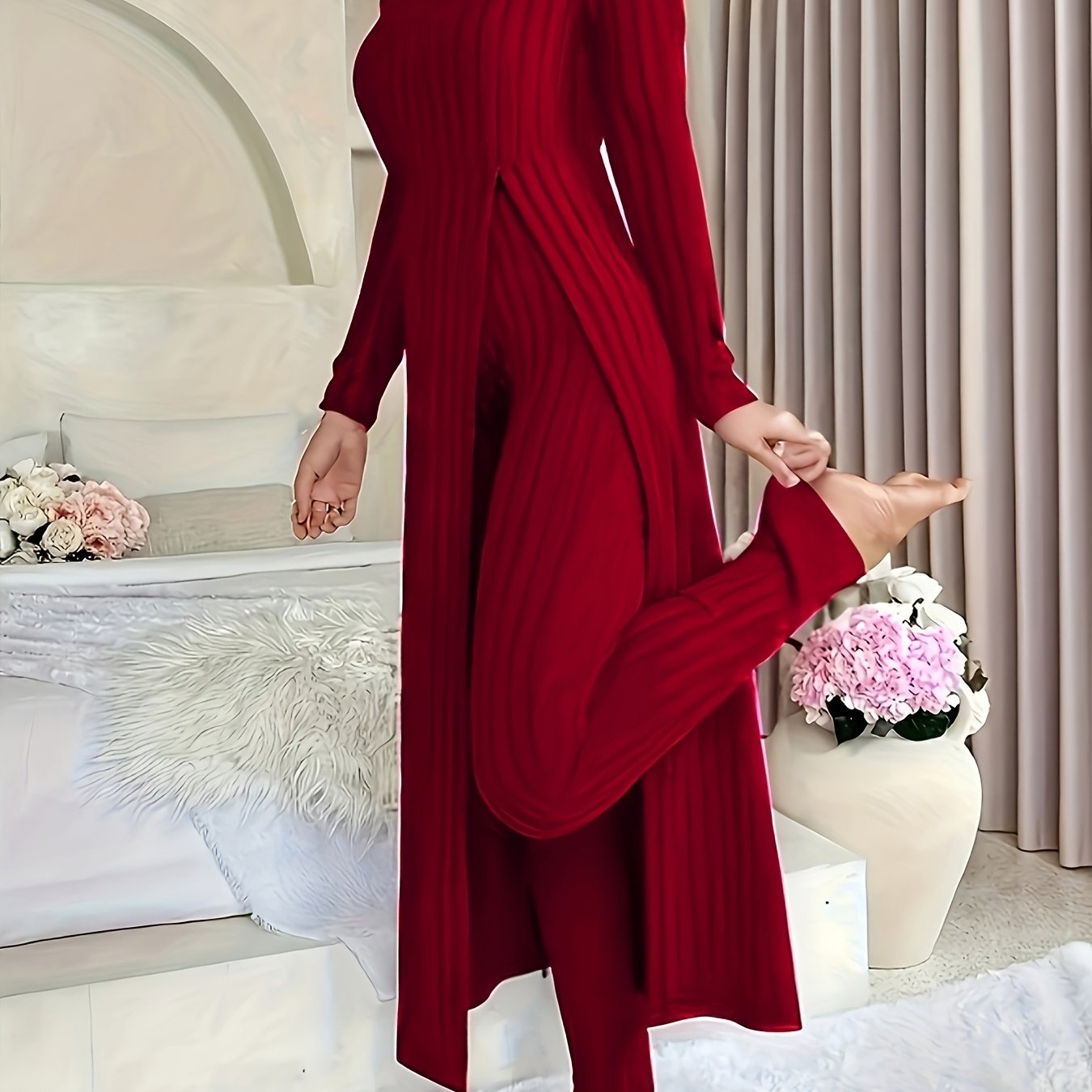TEMU Autumn-winter Casual Robe And Long Pants Set, High Slit Dress Set, Hair Needle Material, Suitable For Daily Wear, Home Casual Wear