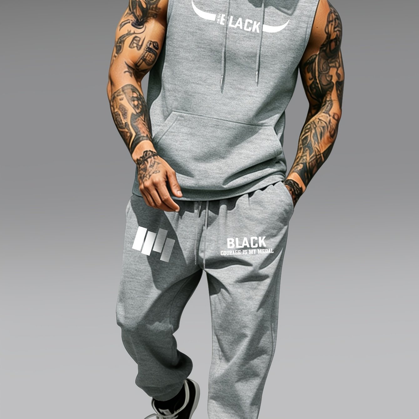 TEMU Trendy Men's Gym Vest And Pants Set - Medal Print Sleeveless Hooded Training Vest With Matching Side Text Decorated Athletic Pants, Attitude