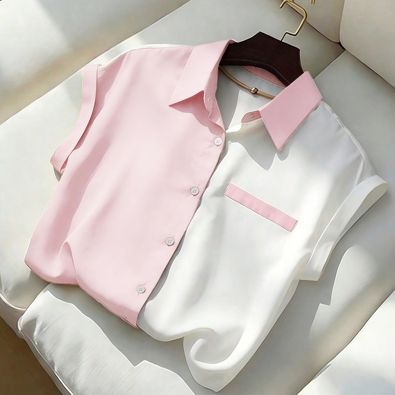 TEMU Women's Elegant Color-block Short-sleeve Shirt, Suitable For Casual, Vacation, And Date Wear , Summer, And Autumn