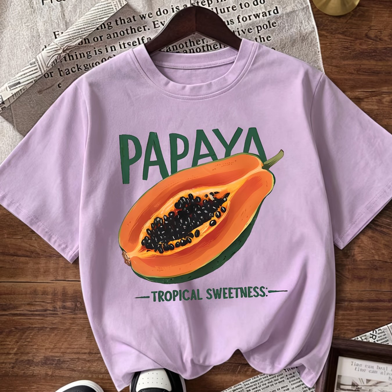 TEMU T-shirt, Papaya Print, Trendy Casual Loose T-shirt, Short Sleeve Round Neck Casual Top, High-quality Clothing, Multi-functional Wear, Summer And