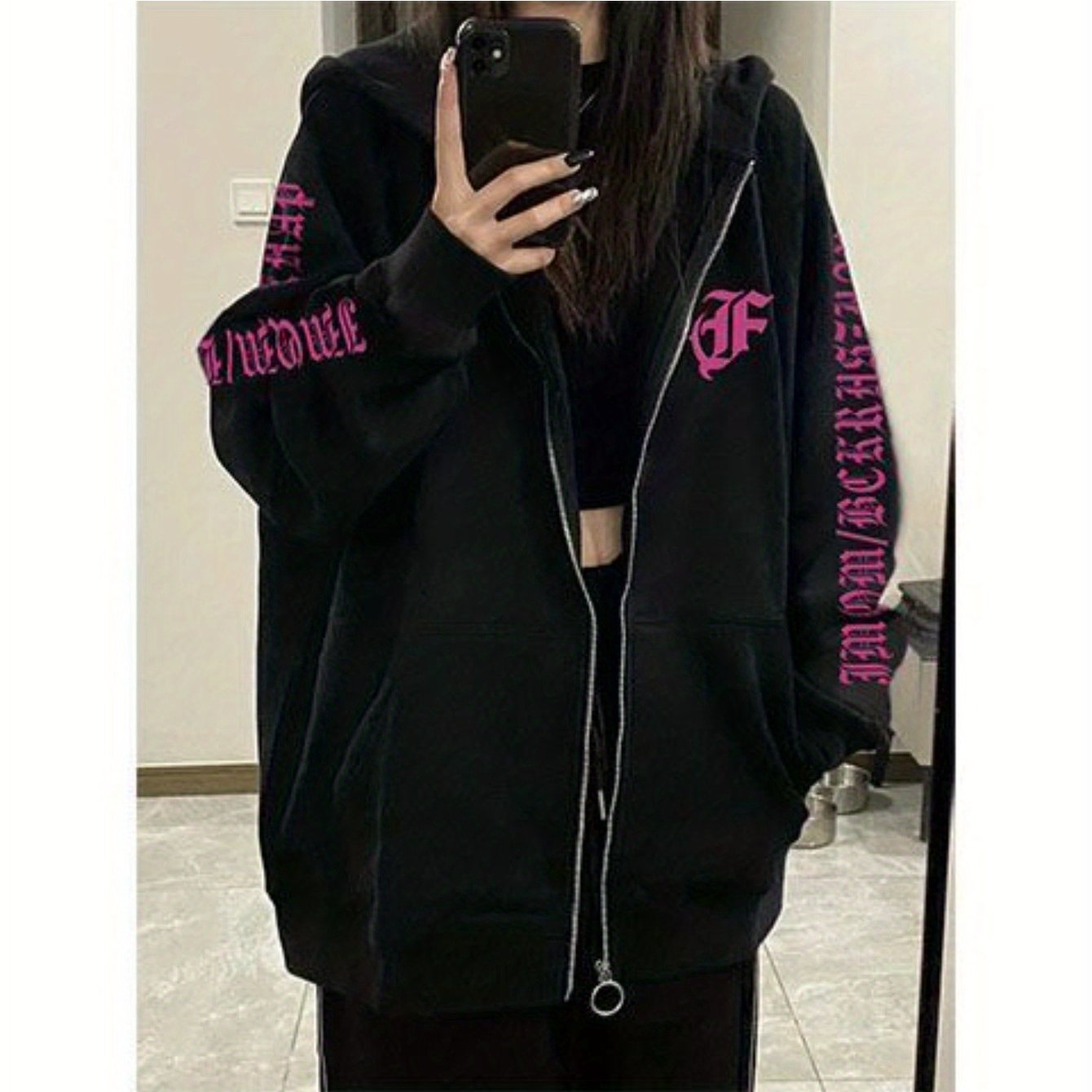TEMU 【大きいサイズ】中国トレンドブランド ハイストリートファッション ブラック付きフード付きスウェットシャツ レディース | ス、春秋 ヴィンテージ カーディガン ジャケット、ト オーバーサイズフィット、長袖、無地