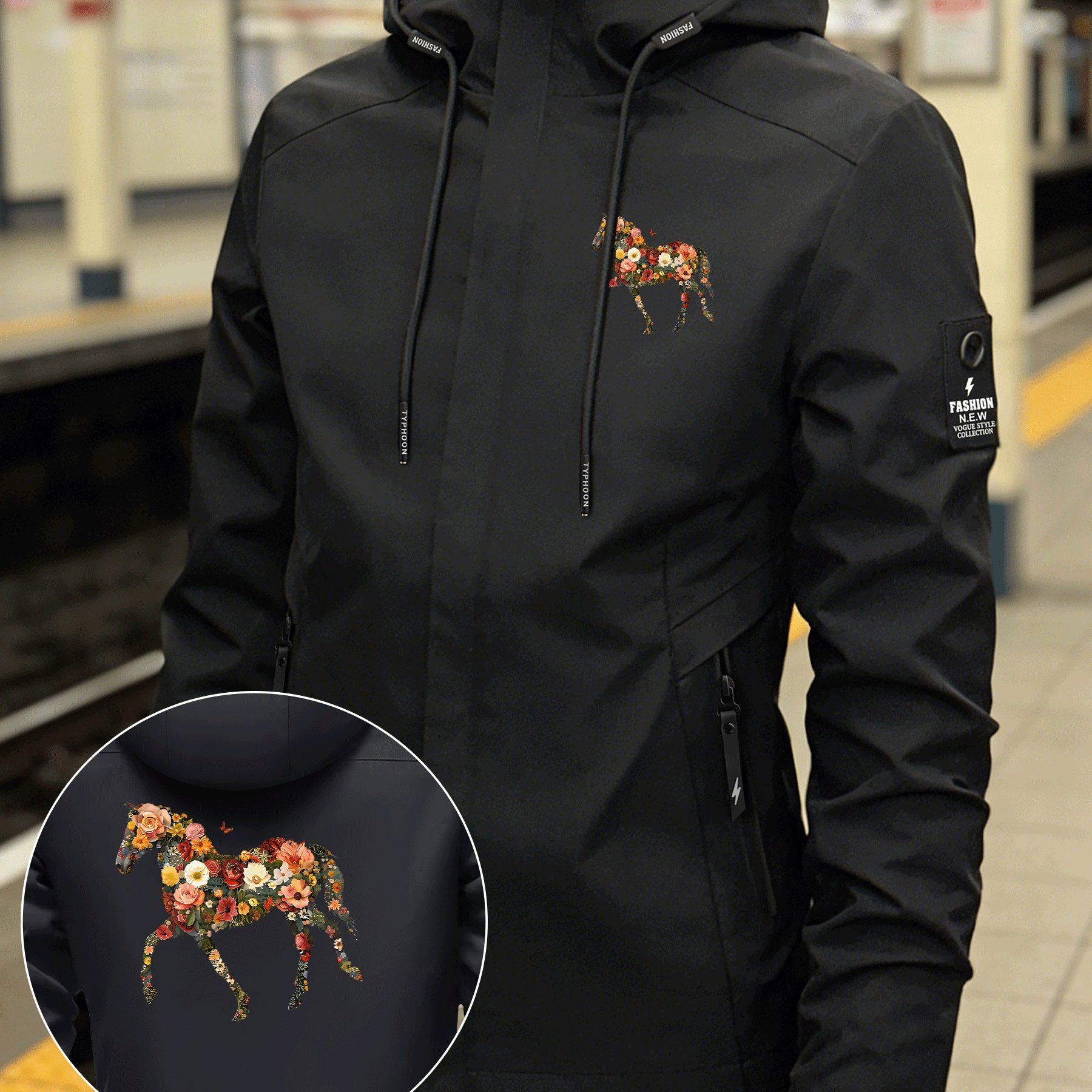 TEMU Artistic Floral Horse Print Lightweight Windbreaker Jacket, Style Women's Jacket, Versatile Outerwear For Daily Commuting