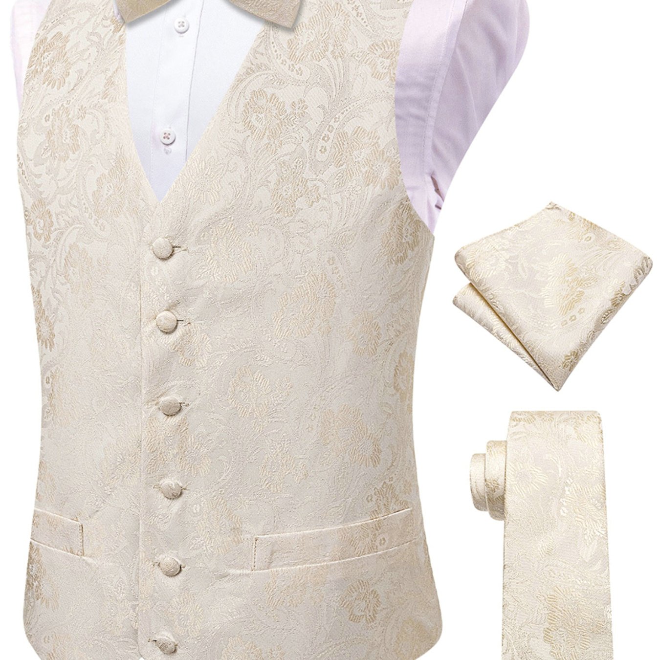 Image of Men's Plus Size Beige Jacquard Floral Waistcoat V-neck Suit Vest With Tie Bowtie Pocket Square Set Formal Wedding Prom