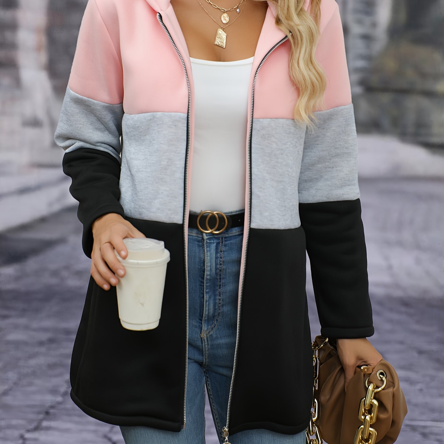 TEMU Women's Elegant Contrast Color Fleece Thickened Hooded Cardigan - Full Zip Hooded Jacket Full-length Zip Closure, Pink/gray/black - Contrast ,