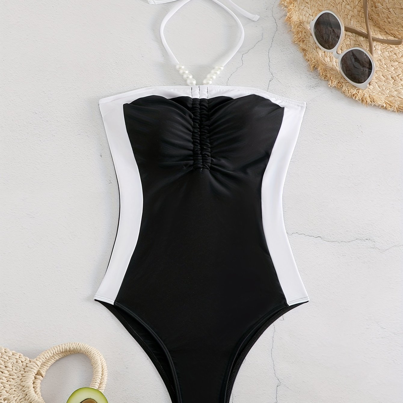 Contrast Color Swimsuit Halter Neck Tummy Control Temu New Zealand