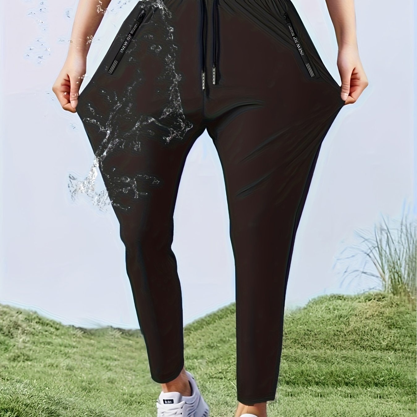 TEMU Plus Size - Plus Size - Perfect Women's Black High-stretch Straight Ice Trousers, Spring/autumn Elastic Waist Drawstring Outdoor Casual Cooling Quick-dry Zipper Pocket Mid-rise Long Pants