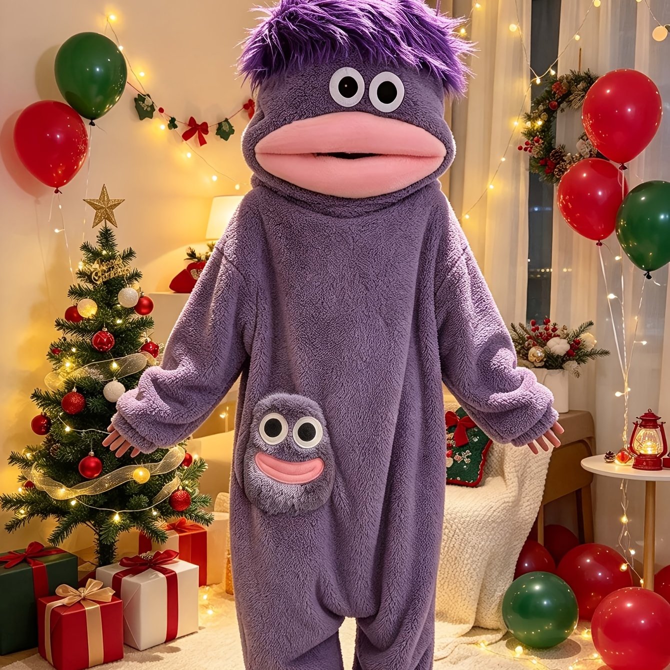 TEMU 1 pyjama une pièce en épaisse pour femme, motif à grande bouche, automne-hiver, chaud, et , porté à l'extérieur, tenue violette pour femme,
