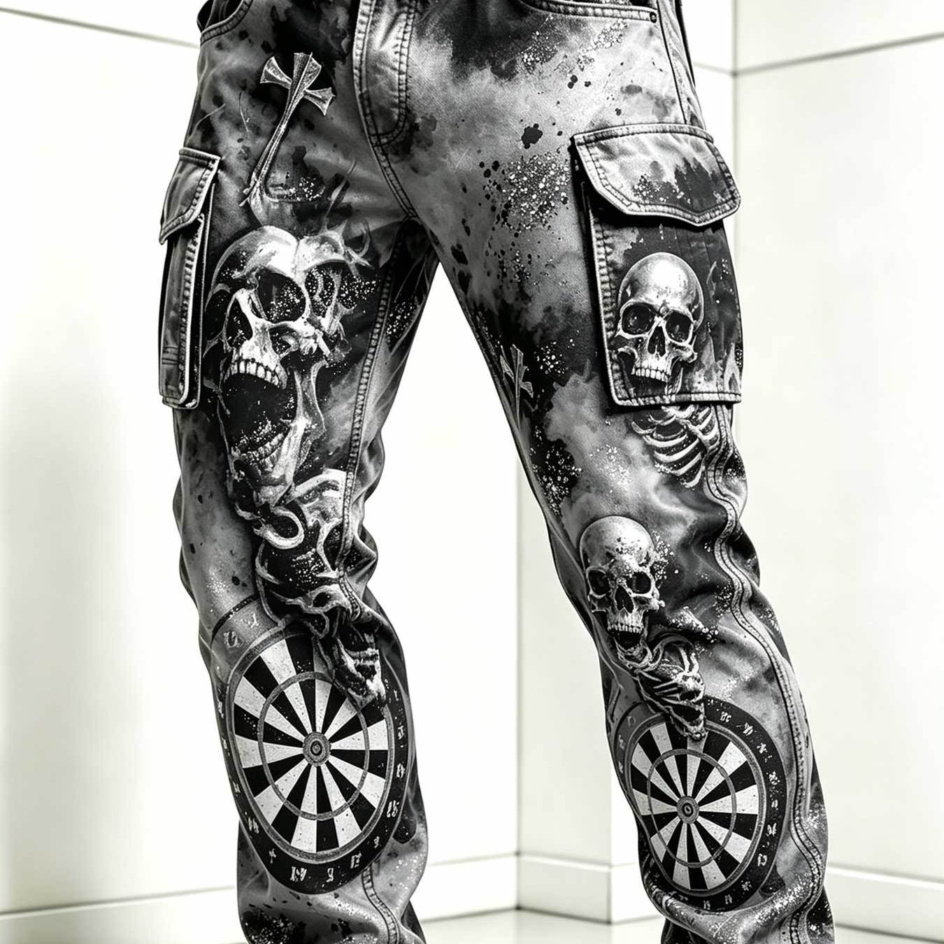 Image of Men's Twill Work Pants With Double Pockets, Cool Skull And Dartboard Graphic Design, Edgy Urban Streetwear Style, Perfect For Daily Casual And Street